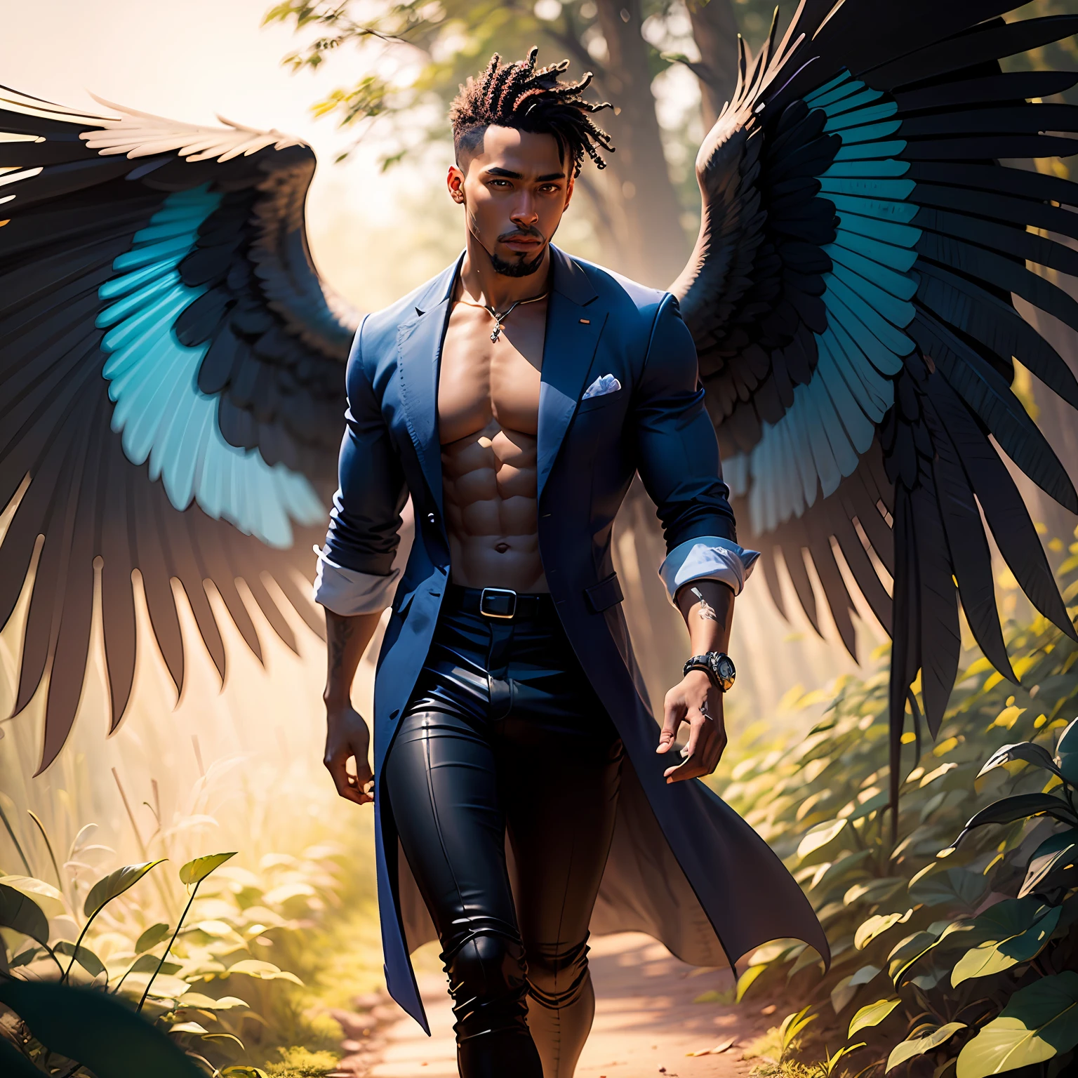 Black Fairy Beautiful Male Black Man with Blue and Orange Details, Large Wings, Forest in the Background, Vibrant Colors, Full Body, Detailed Face, Detailed Hands, Detailed Legs, Detailed Fingers, Detailed Hair, Detailed Eyes, Detailed Skin, Lush Vegetation Blurred Background, Vibrant Colors, Lush Light, Soft Light, Sunset Light, Smooth Light, Symmetrical, Full Body, Reflections, HDR Dynamic Lighting, 8K Resolution, cinematic film, smooth, sharp focus, realistic, strobe light beams, ((blurred background)):1.7, (((depth of field)) ):1.8, cinestill 800t 35mm, high quality, heavy grain, high detail, cinematic composition, dramatic light, anamorphic, ultra wide lens, hyperrealistic --auto