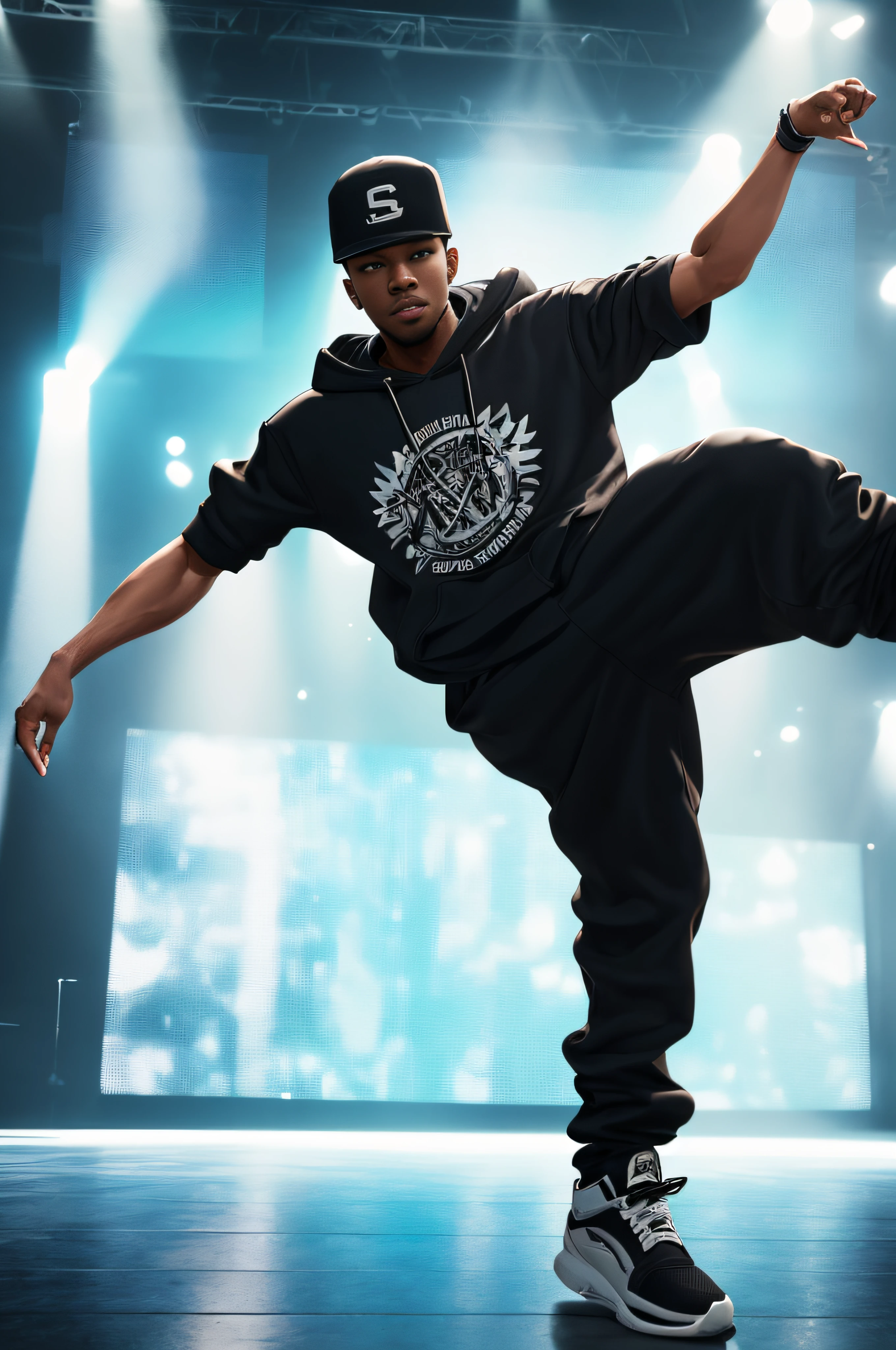 (brilliantly dancing hip-hop dancer male: 1.3), handsome man, big silhouette hoodie, cap, smooth movement, strength, intimidation, excitement, cheer, fine pose, (exact anatomy: 1.5), masterpiece, high image quality, detail, high definition, 4k, 8k, astounding quality, unreal engine, octane lender, cinematic lighting,