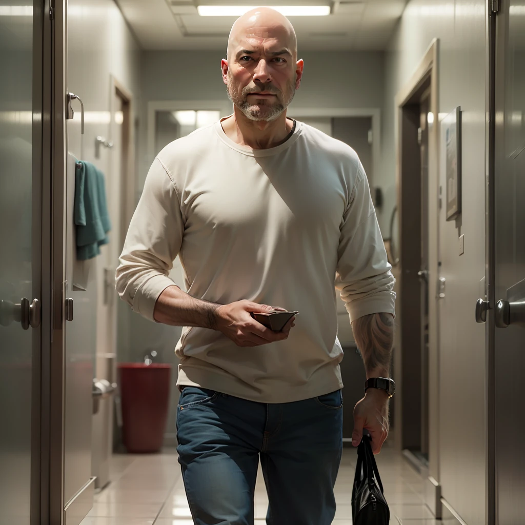 Bald man on his back heading towards the bathroom, holding something in his hand