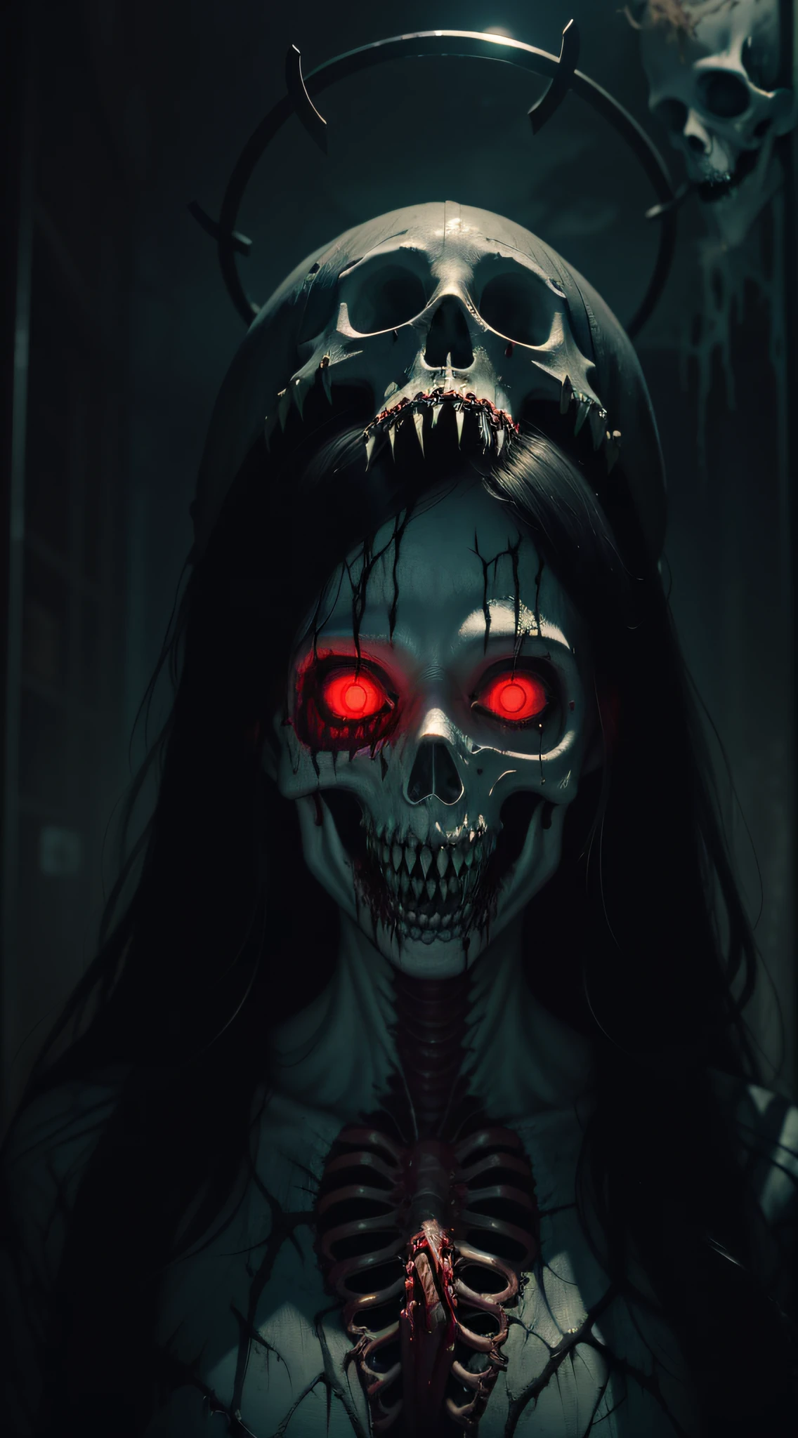portrait of the most beautiful form of chaos, elegant, a brutalist designed, vivid colours, romanticism, by apterus, (apterus creepy anatomy:1.3), ((ahegao)), rolling_eyes, ((head down)), an evil girl bathing in a pool of blood, sharp teeth, maniacal laughter, ((decay and spooky)), atmospheric, trending on artstation. 8 k masterpiece, ((symmetry)), death, decay, vengeful japanese ghost, spooky dark village