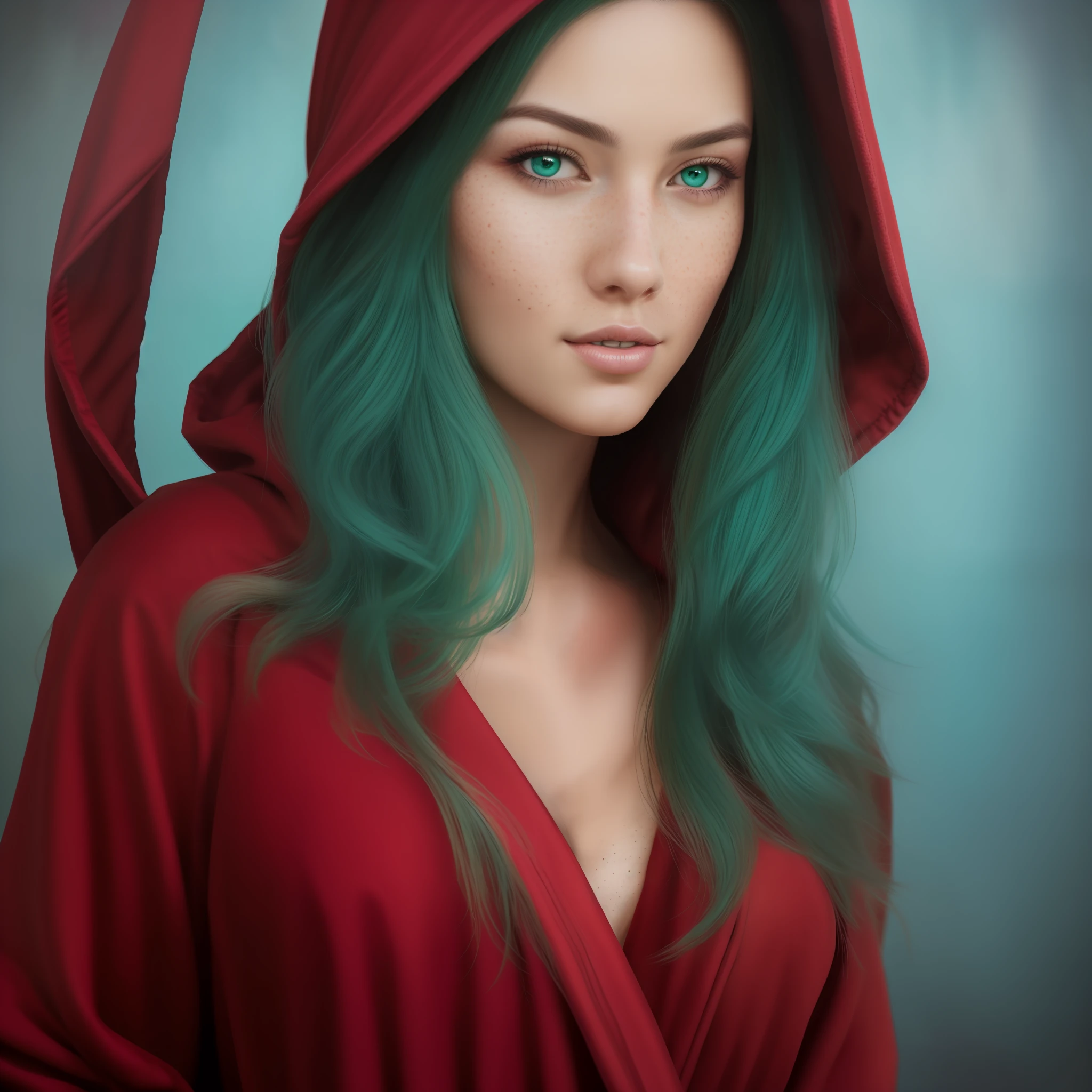 Arafed woman in a red robe with a hood over her head, neckline, sexy, detailed beauty portrait, fantasy art portrait, fantasy character portrait, fantasy genre portrait, cinematic realistic portrait, fantasy portrait, fantasy concept art portrait, cute fantasy portrait, portrait shot, close-up portrait, 4k realistic digital art, realistic 4k digital art, epic fantasy art portrait, freckles on your nose and under your eyes, dark green eyes