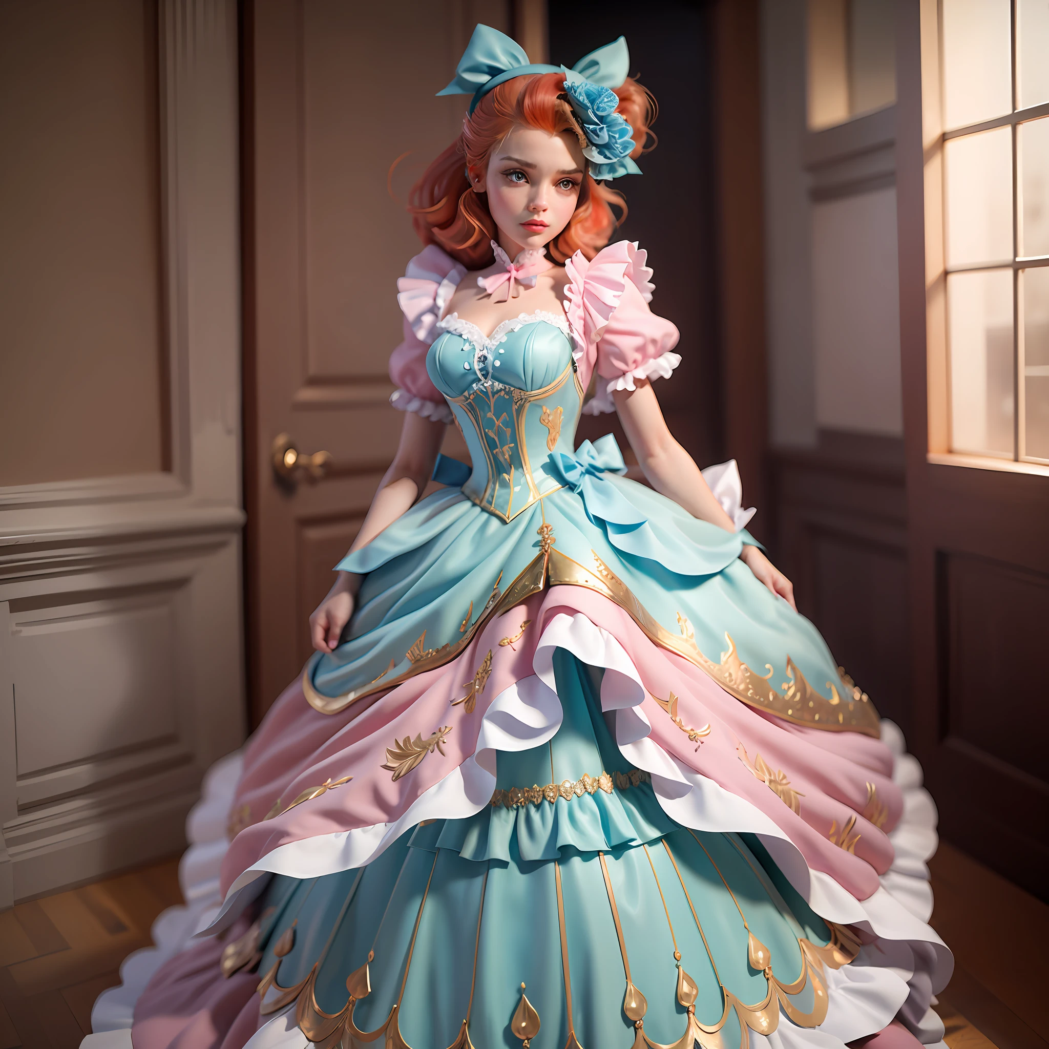 best quality, masterpiece, best definition, artwork, super detailed, many details, details, detailed, woman, 20 years, full body, full body, ball gown, super detailed dress, long dress, dress with many ruffles, dress with many bows, pink bows, victorian dress, detailed victorian dress, victorian dress with bows, pink, ruffles, many ruffles, very bulky dress, light blue dress, dress with ruffles, bows, many bows, woman, full body, red hair.