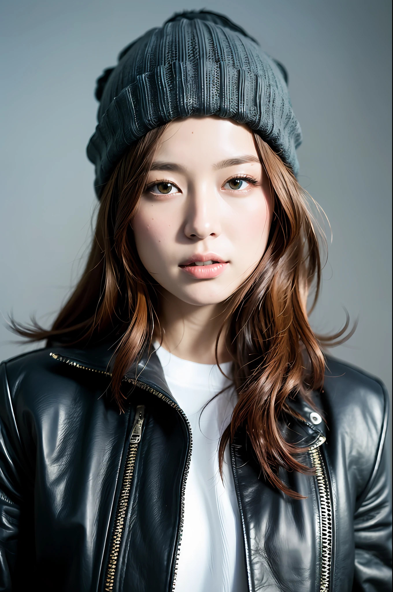 (
(8k:1.27), best quality, masterpiece, ultra highres:1.2) Photo of Pretty Japanese woman
(beautiful:1.1) (sci-fi warrior woman:1.1) space soldier, (beanie:1.61) (leather jacket:1.21) intricate elegant, fantasy, detailed, ometric by greg rutkowski and alphonse mucha, gradient lighting