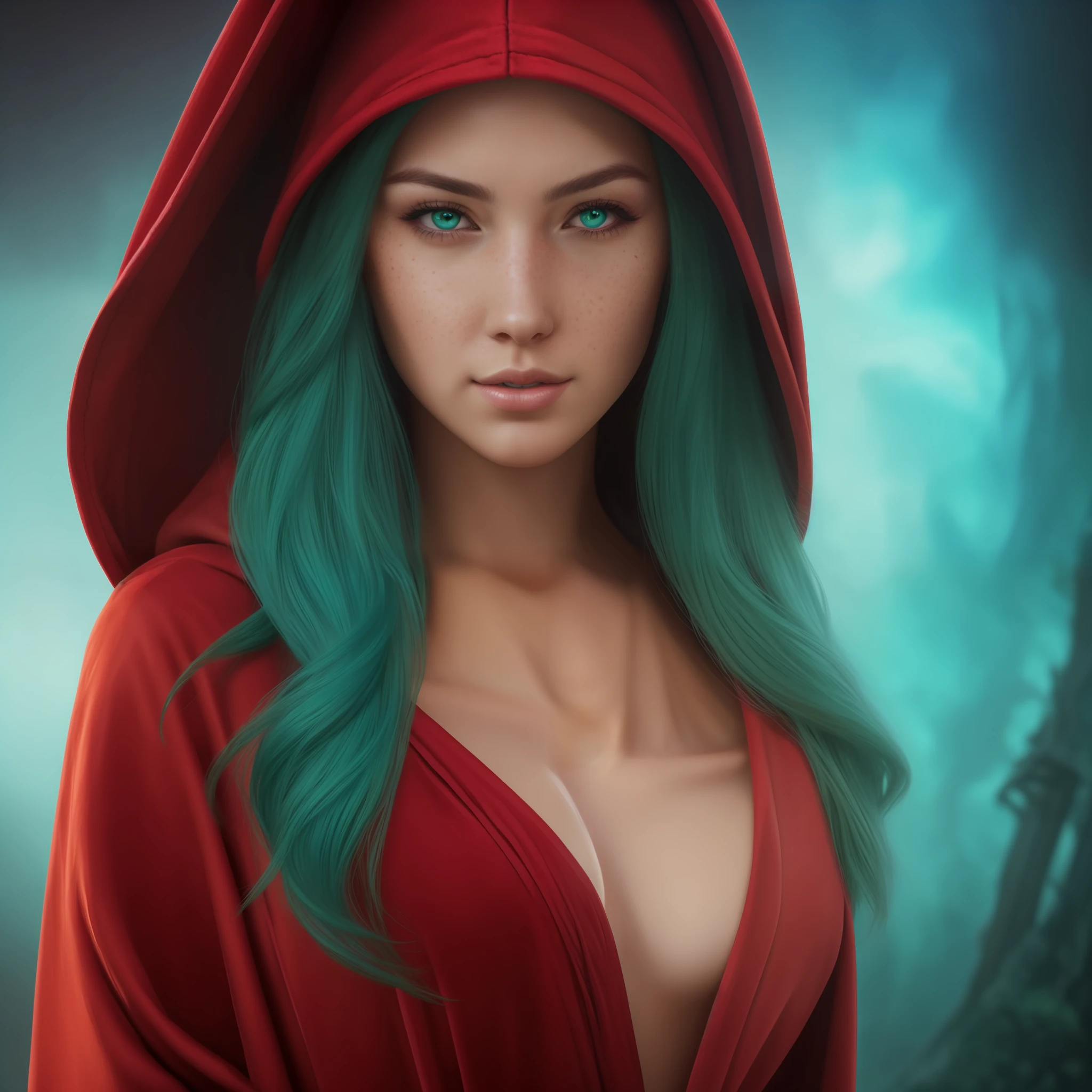 Arafed woman in a red robe with a hood over her head, neckline, sexy, detailed beauty portrait, fantasy art portrait, fantasy character portrait, fantasy genre portrait, cinematic realistic portrait, fantasy portrait, fantasy concept art portrait, cute fantasy portrait, portrait shot, close-up portrait, 4k realistic digital art, realistic 4k digital art, epic fantasy art portrait, freckles on your nose and under your eyes, dark green eyes