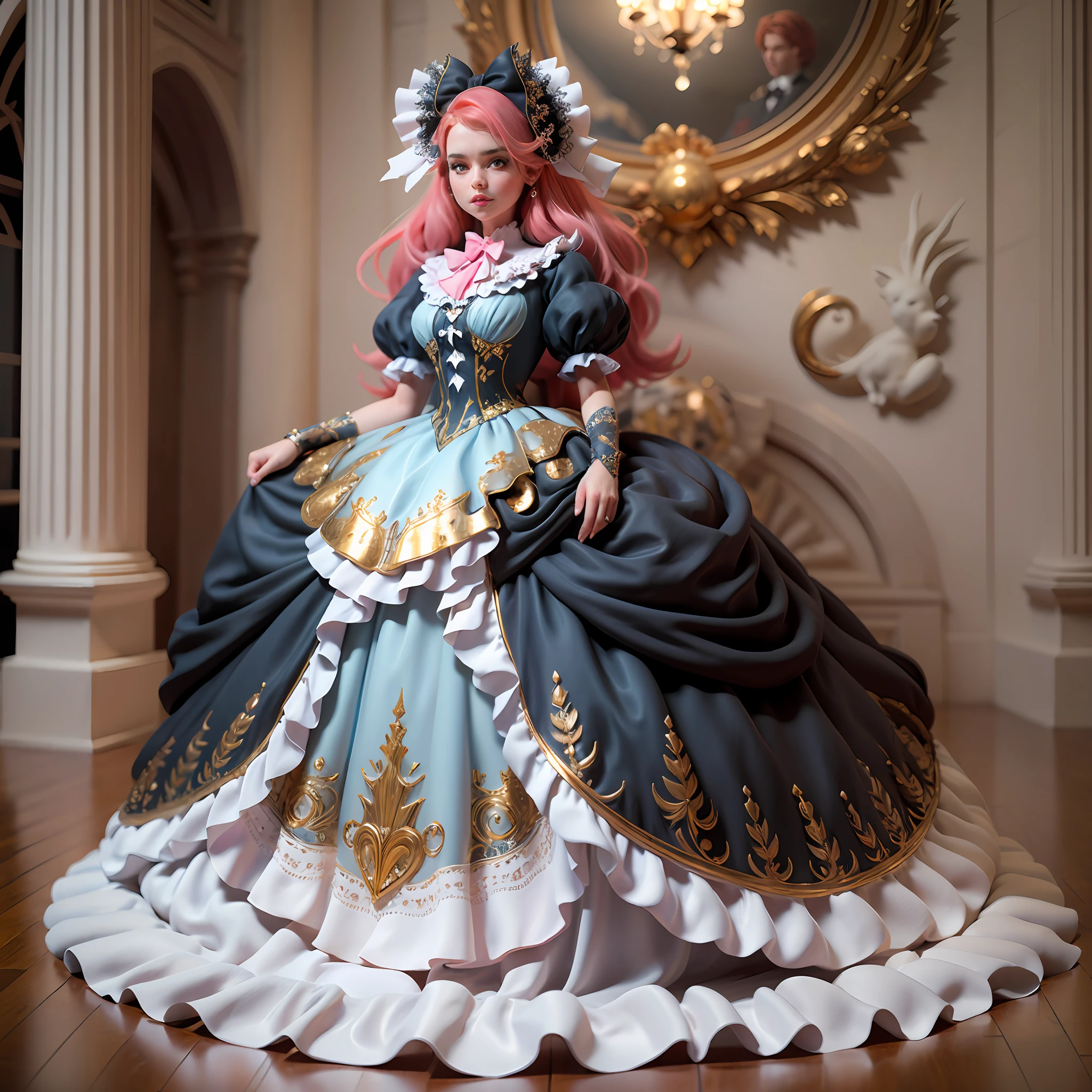 best quality, masterpiece, best definition, artwork, super detailed, many details, details, detailed, woman, 20 years, full body, full body, ball gown, super detailed dress, long dress, dress with many ruffles, dress with many bows, pink bows, victorian dress, detailed victorian dress, victorian dress with bows, pink, ruffles, many ruffles, very bulky dress,  light blue dress, dress with ruffles, bows, many bows, woman, full body, red hair.