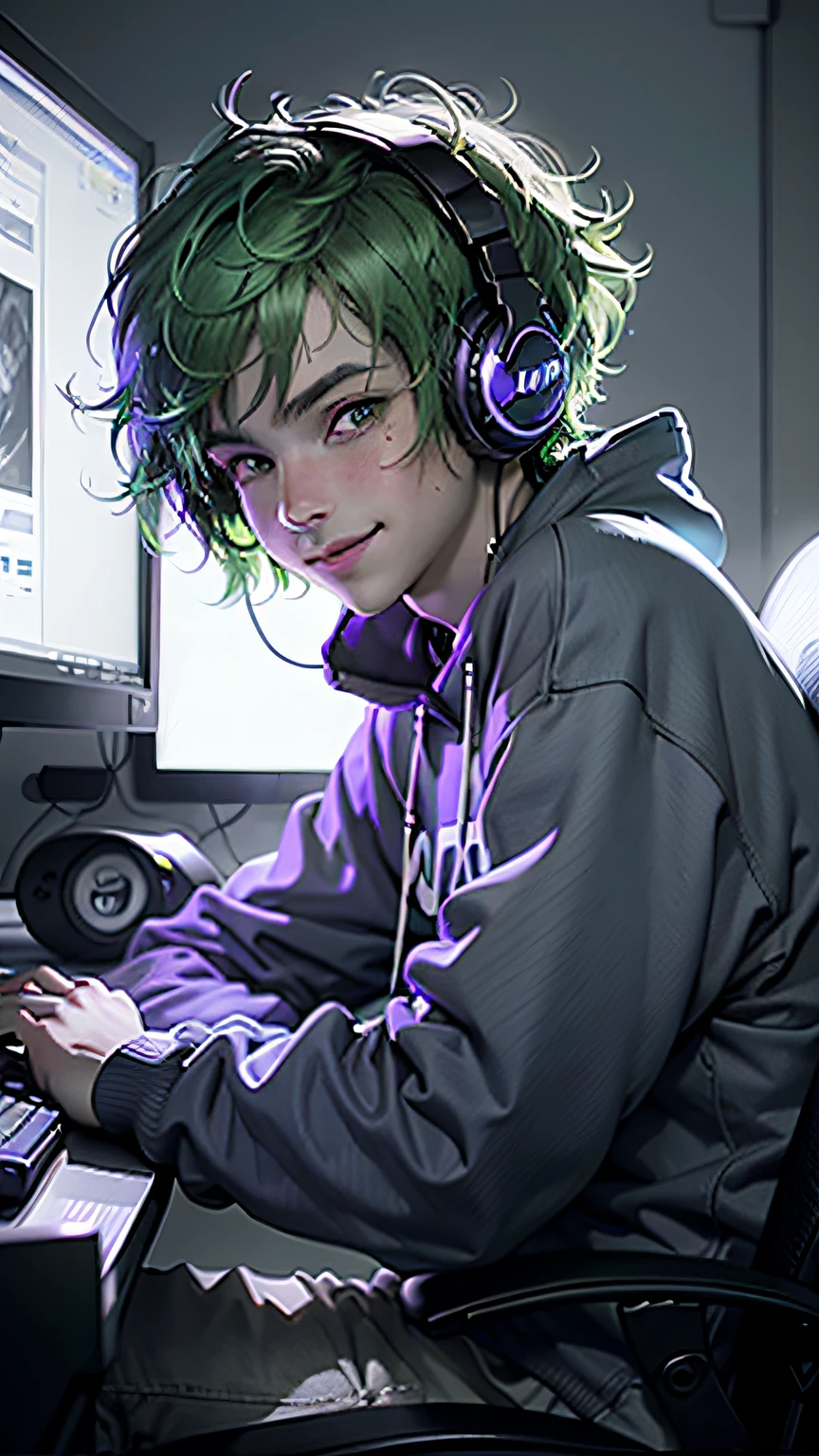 (boy with green eyes + sweatshirt: 1.3), handsome face, headphones, sitting at a computer desk, green hair, monochrome color scheme with purple details, atmospheric purple lighting, games-style setup, blue digital screens, keyboard and mouse, with smiling facial expression.