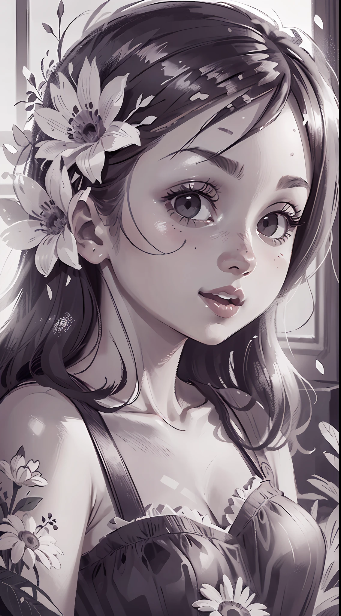 Line Drawing, Sketch,Monochrome,Girl, Summer, Happy, Flower, Perfect Quality, Light Focus (Clutter - House: 0.8), (Masterpiece: 1.2) (Realistic: 1.2) (Bokeh) (Best Quality) (Detailed Skin: 1.3) (Intricate Details) (8K) (Detailed Eyes) (Sharp Focus), (Happy)