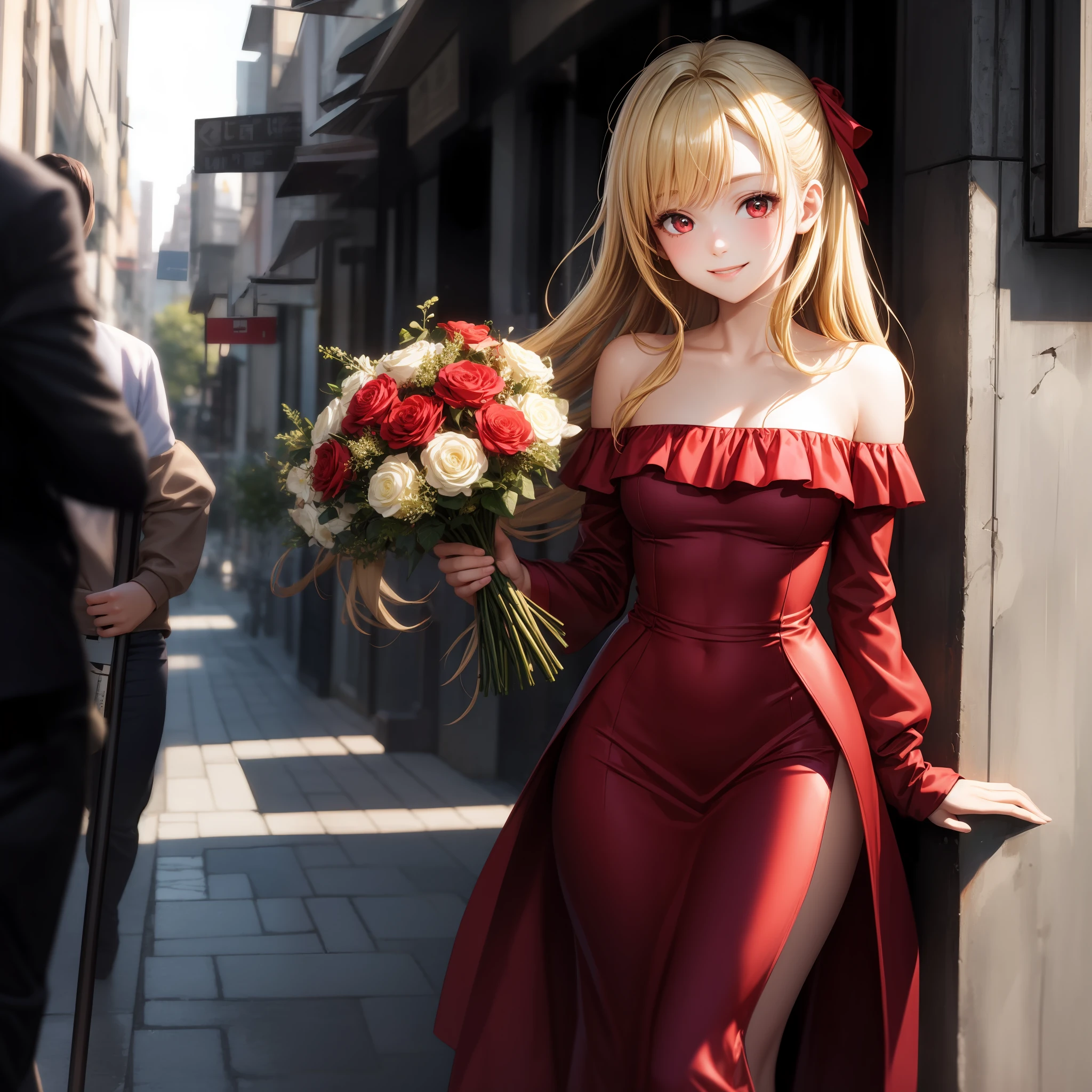 blonde, red eyes, girl, alone, solo, 1girl, red dress, off-shoulder, bouquet, smile, sun, sunlight