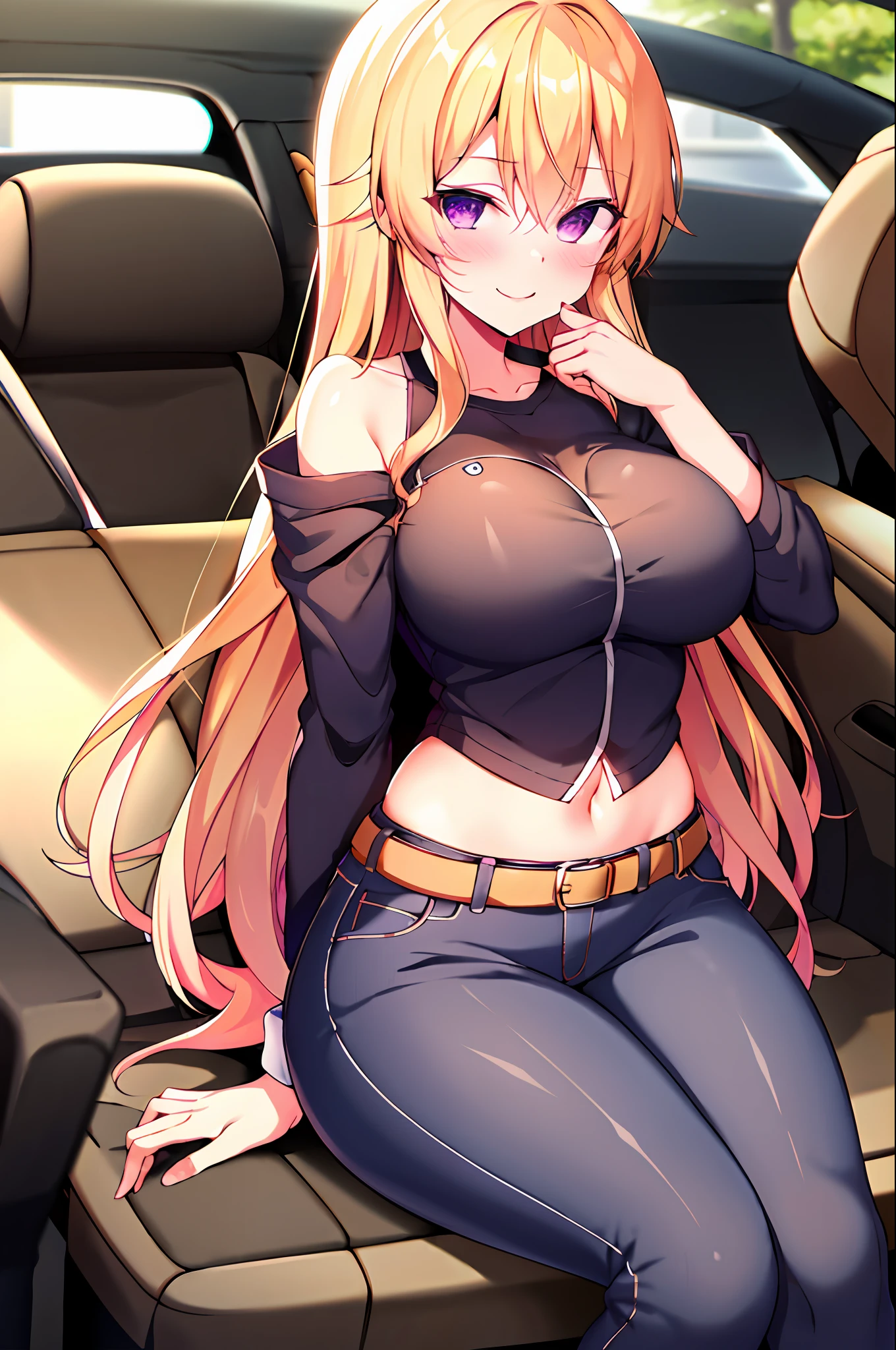 masterpiece, best quality, highres, nakiri erina, blonde hair, purple eyes, long hair, large breasts, oversized cool t shirt, stocking, cleveage, belt, jeans pants, owboy shot, looking at viewer, inside sport car, inside car, driving, blush, shy, smile, sexy pose, short pants, jacket, bare shoulder, night, ((sitting inside car)), car seat, sitting,