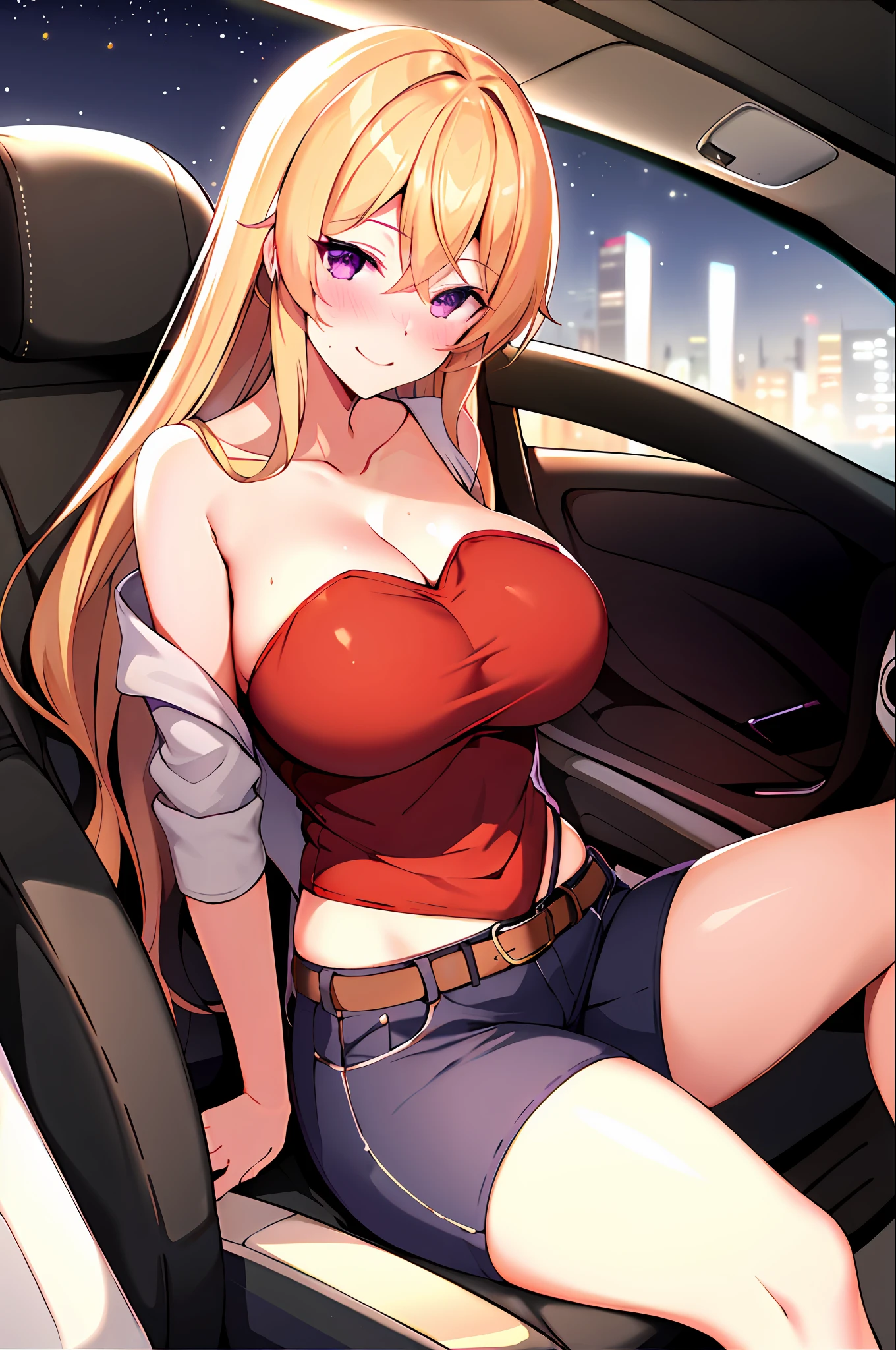 masterpiece, best quality, highres, nakiri erina, blonde hair, purple eyes, long hair, large breasts, oversized cool t shirt, stocking, cleveage, belt, jeans pants, owboy shot, looking at viewer, inside sport car, inside car, driving, blush, shy, smile, sexy pose, short pants, jacket, bare shoulder, night, ((sitting inside car)), car seat, sitting,