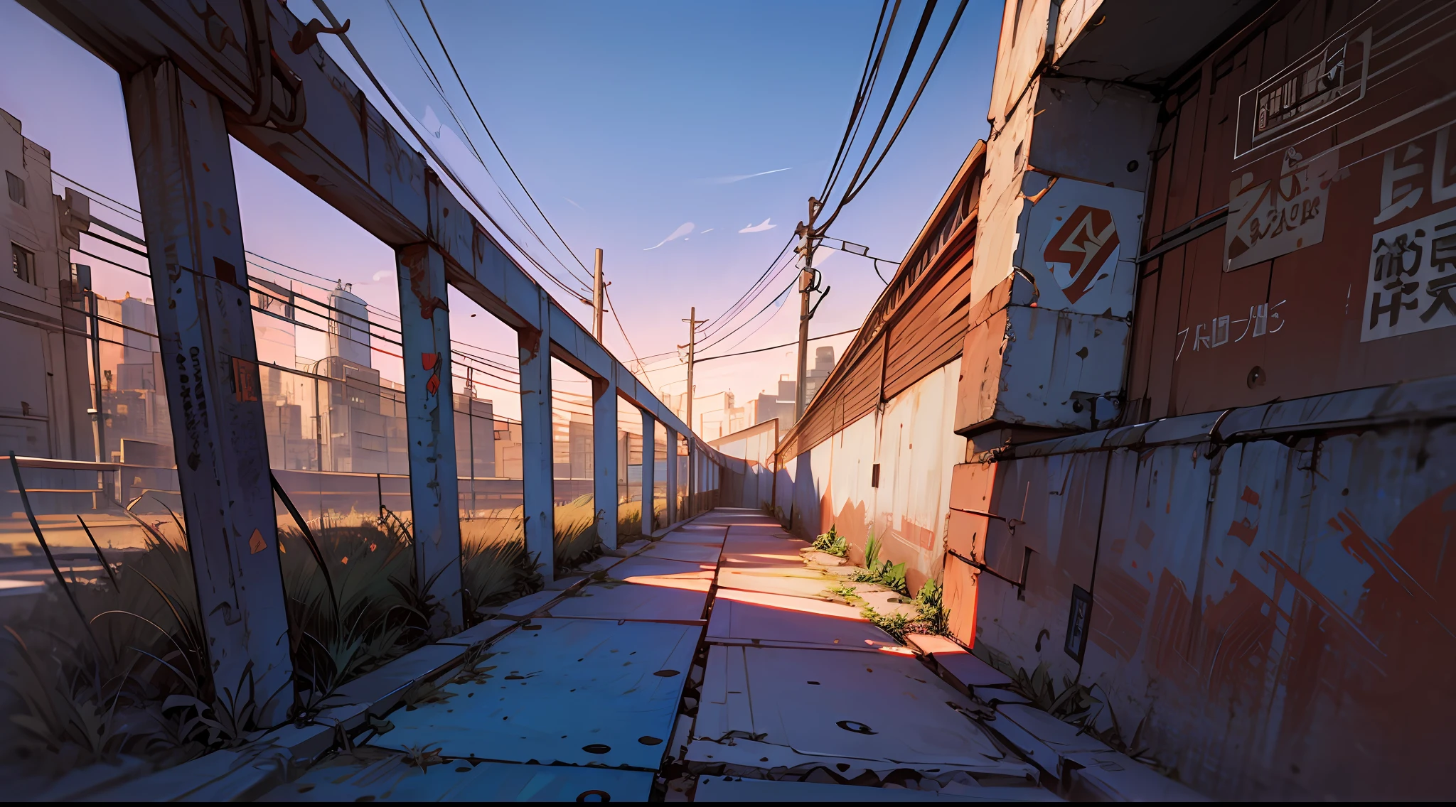 (scenery, outdoor, sky:1.2), masterpiece, best quality, beautiful face, 8k, absurdres, (rusty metal signs:1.2), concrete wall, cables, pole, guardrails, wall paint, graffiti, from above, perspective, depth of field, HDR, (bleach bypass, ginnokoshi:0.8), cinematic lighting, professional lighting, very dark landscape shadows, high contrast, sharp focus, highres, photography, hyperrealistic, ultra detailed, sharp details, finely detail