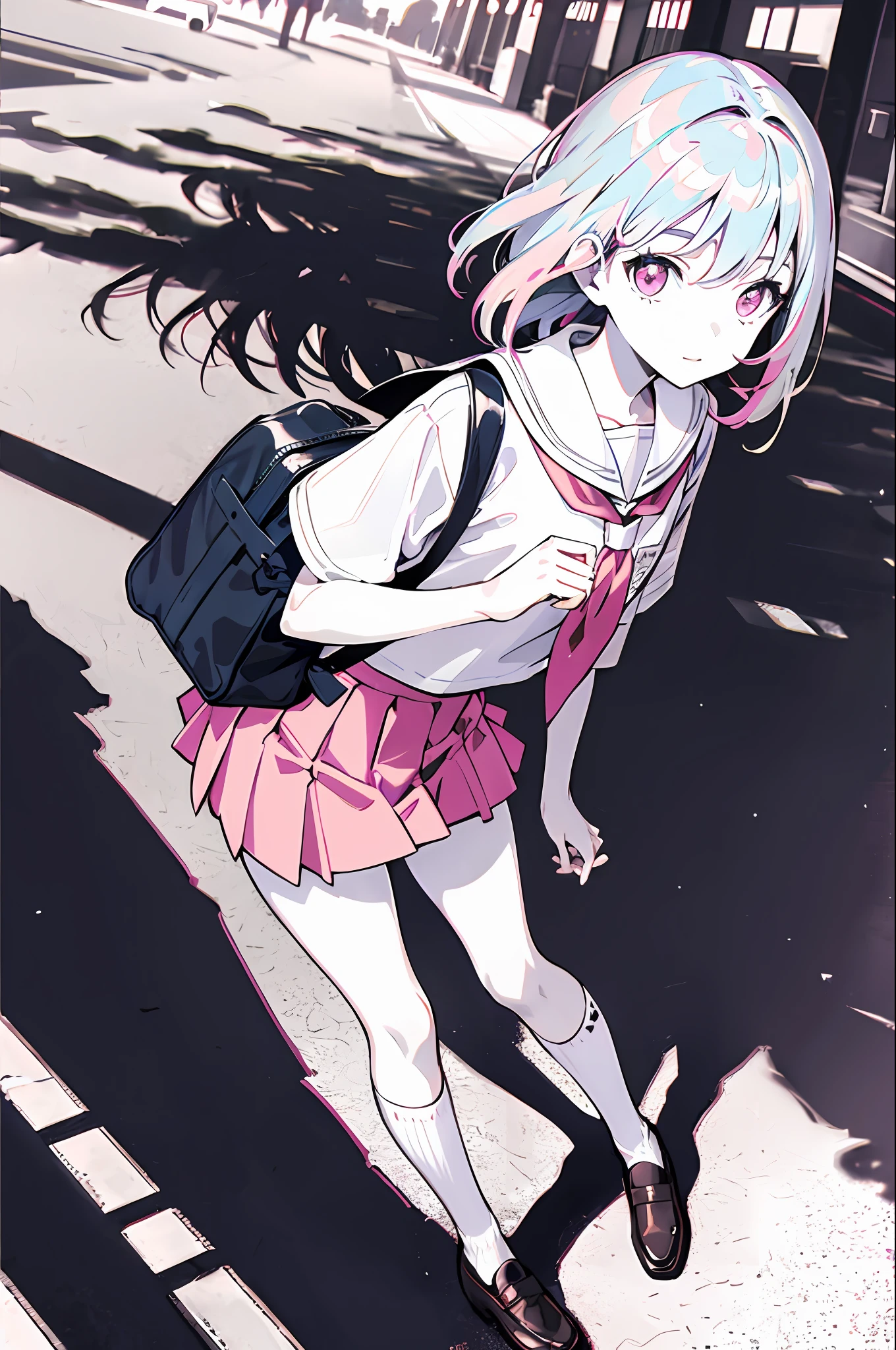 Top Quality, Masterpiece, Super Realistic, High Definition, Very Detailed, 8k, One Girl, Cute, Anime, Crystal Clear White Skin, Asian Girl, Full Body, Middle School, 14 Years Old, Children, Hair Color Is Pink, Summer Uniform Heading to School with Student Bag, Horizontal Angle, Mini Skirt, Low Angle, Panty Shot, High Contrast, One Bag, Hand Held Bag