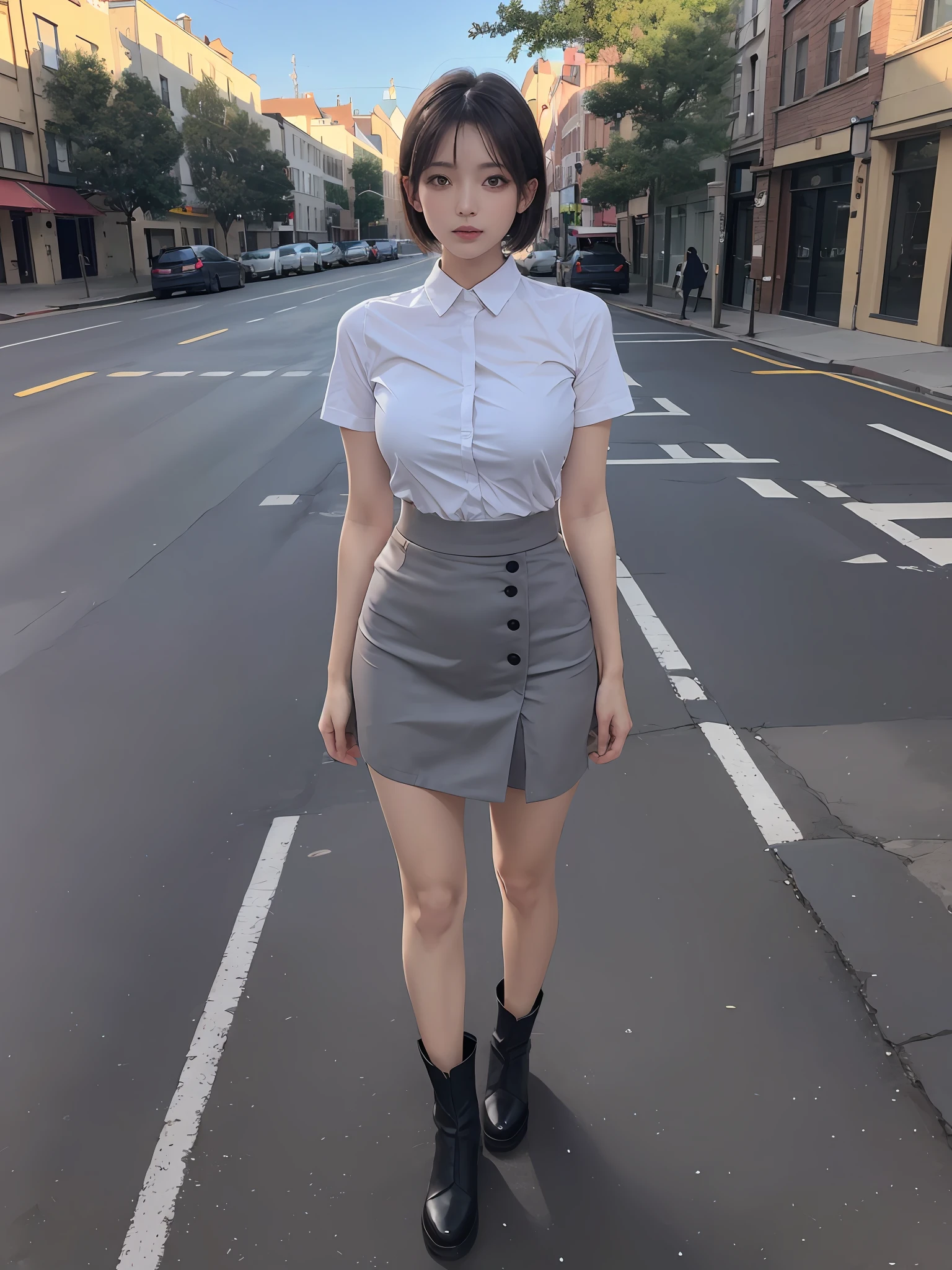 Full body shot, ((best quality)), ((masterpiece)), ((reality)), (1 girl, solo,)), brown booties, tight blue shirt, long legs, hips, mature beauty, tight hip skirt, beauty, standing, street, short gray hair. at sight level, landscape, masterpiece, cover, hard,