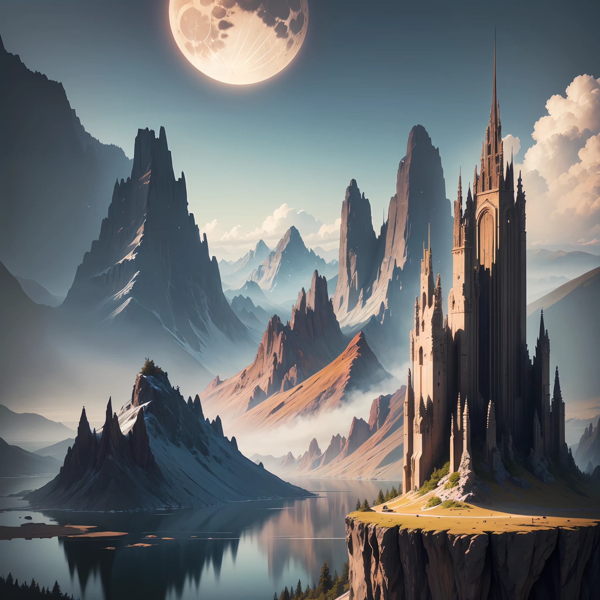 mountains and a lake with a moon in the sky, 4k highly detailed digital art, 4 k hd wallpaper very detailed, impressive fantasy landscape, sci-fi fantasy desktop wallpaper, unreal engine 4k wallpaper, 4k detailed digital art, sci-fi fantasy wallpaper, epic dreamlike fantasy landscape, 4k hd matte digital painting, 8k stunning artwork --auto