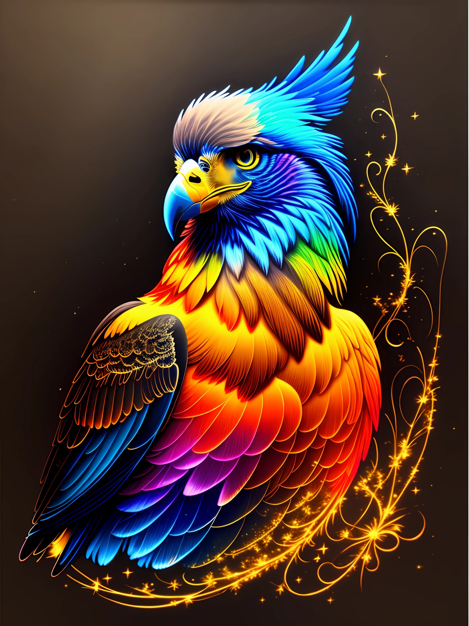 a painting of a colored eagle on a black background,, breathtaking rendering, within a radiant connection, inspired by Kinuko Y. Craft,, magical elements, kitten icon, wow, is beautiful, casting a multi colorful spell, bright flash, flash