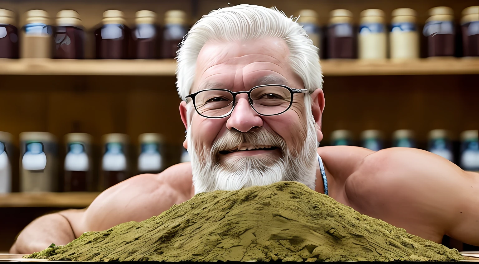 open plan full body of a nefarious and beautiful man with white beard, by the wetland Mato Grosso shops selling yerba mate, RAW, 8K, UHD, natural lighting, perfect day, amateur, sincere, extreme close-up,