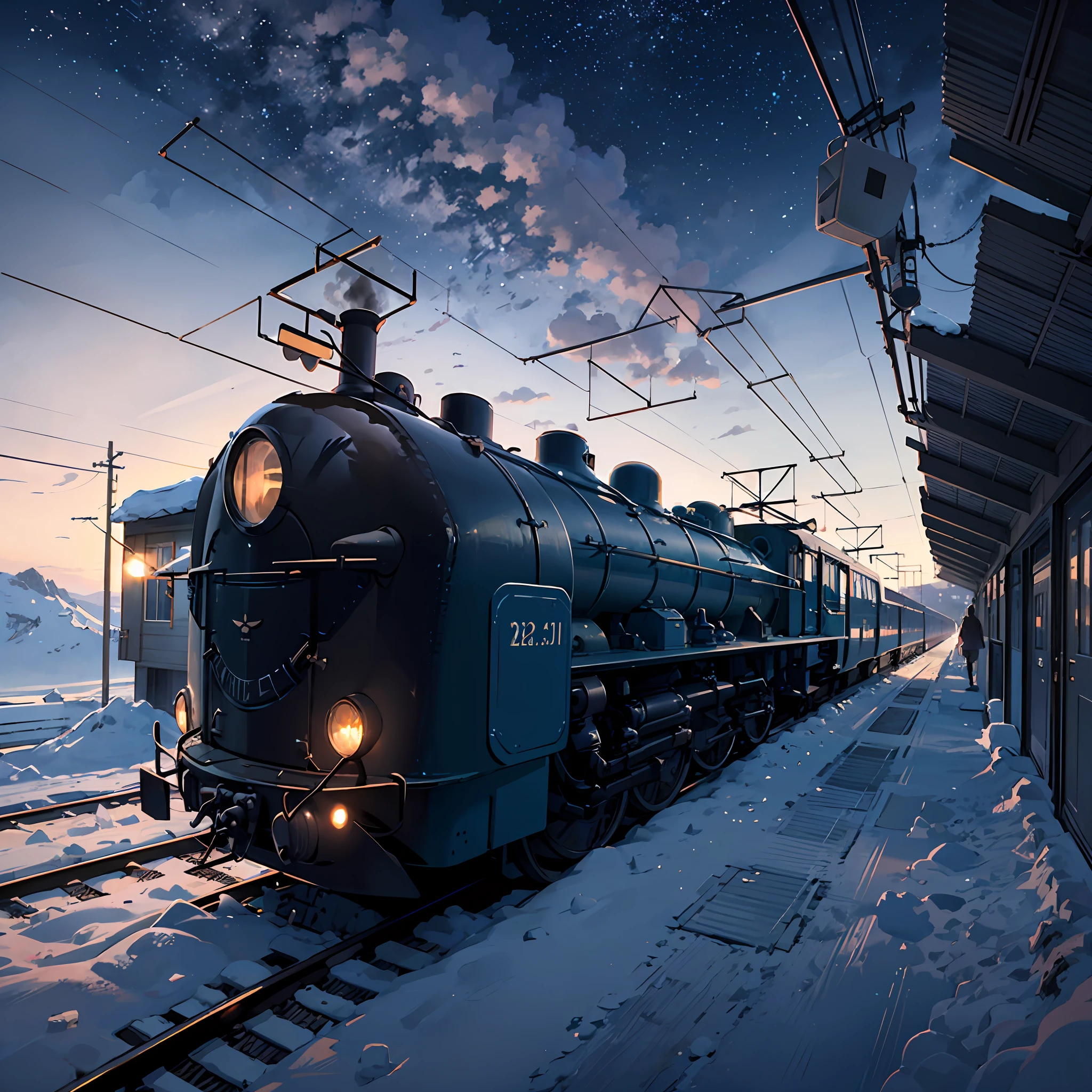 There is a train running along the tracks in the snow, Makoto Shinkai&#39;s concept art, tumblr, magic realism, beautiful anime scenes, cosmic sky. by makoto shinkai, ( ( makoto shinkai ) ), anime background art, anime backgrounds, Makoto Shinkai&#39;s style, anime movie backgrounds, galaxy express, no humans. --auto