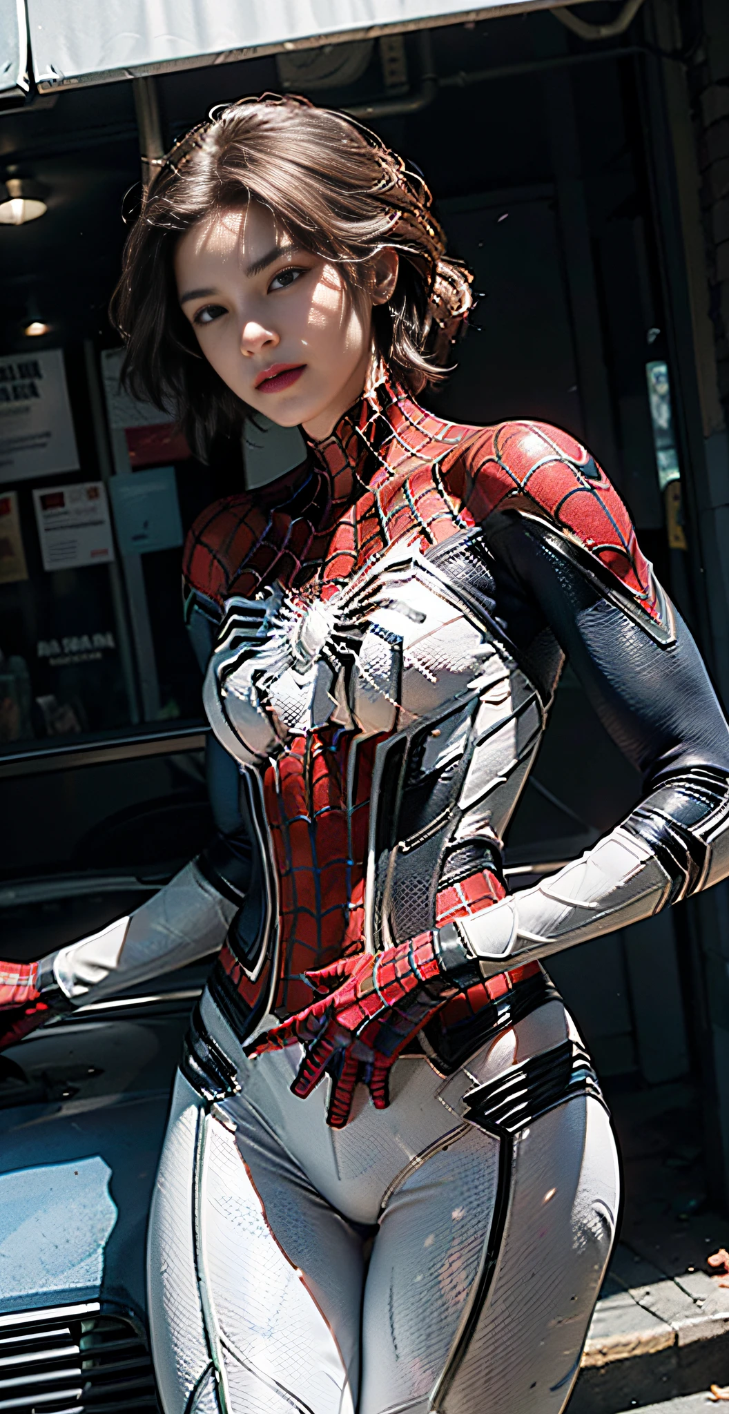 (Extreme Detail CG Unity 8K Wallpaper, Masterpiece, Top Quality), (Exquisite lighting and shadows, very dramatic images, cinematic lens effects), ((((Girl in White Spider-Man Costume))), Brown Hair Color, Spider-Man Parallel Universe, Wenger, Marvel, Spider-Man, Dynamic Pose), (Excellent Detail, Excellent Lighting, Wide Angle), (excellent rendering, enough to stand out in its class), white Spider-Man costume, focusing on complex spider textures