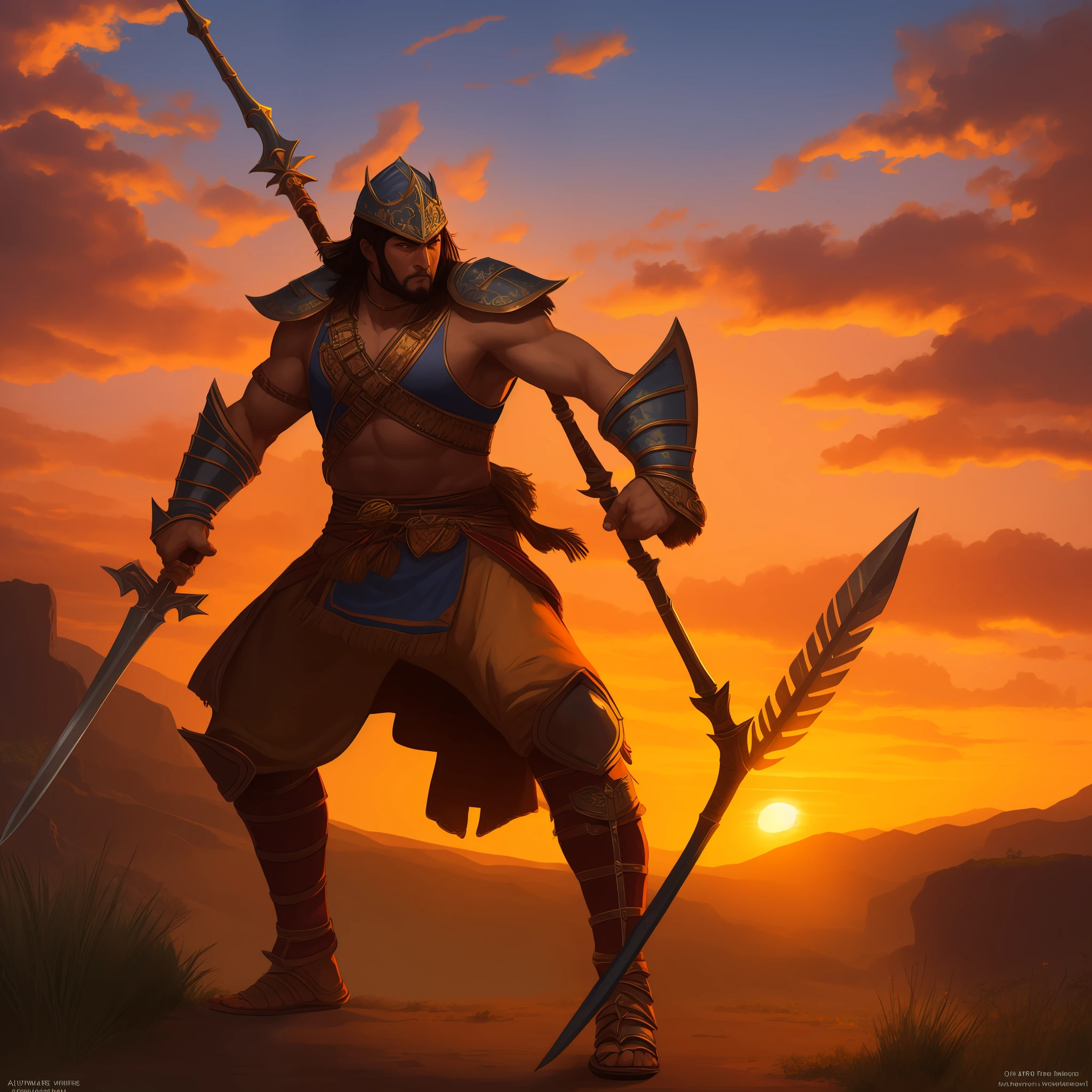 Eleasar warrior with spear, fighting with 800 soldiers, sunset --auto