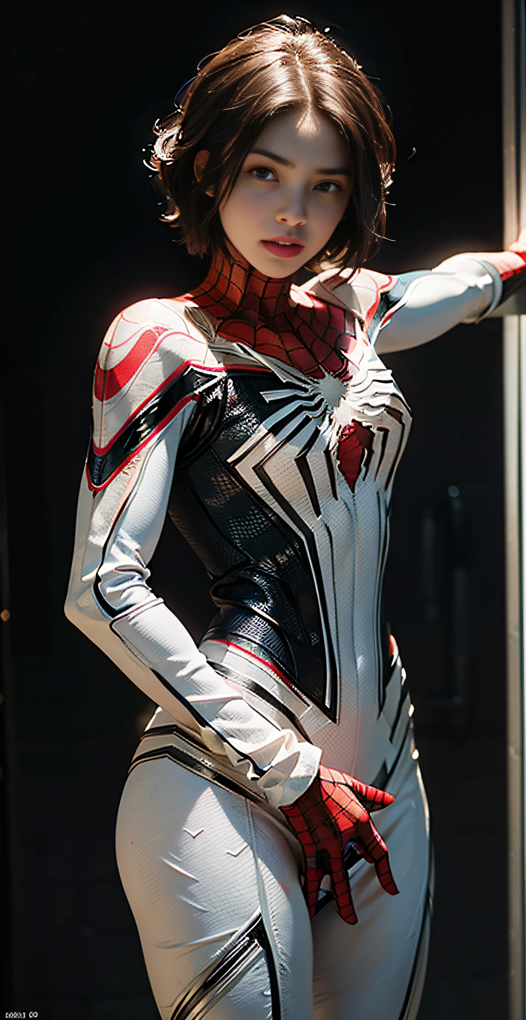 (Extreme Detail CG Unity 8K Wallpaper, Masterpiece, Top Quality), (Exquisite lighting and shadows, very dramatic images, cinematic lens effects), ((((Girl in White Spider-Man Costume))), Brown Hair Color, Spider-Man Parallel Universe, Wenger, Marvel, Spider-Man, Dynamic Pose), (Excellent Detail, Excellent Lighting, Wide Angle), (excellent rendering, enough to stand out in its class), white Spider-Man costume, focusing on complex spider textures