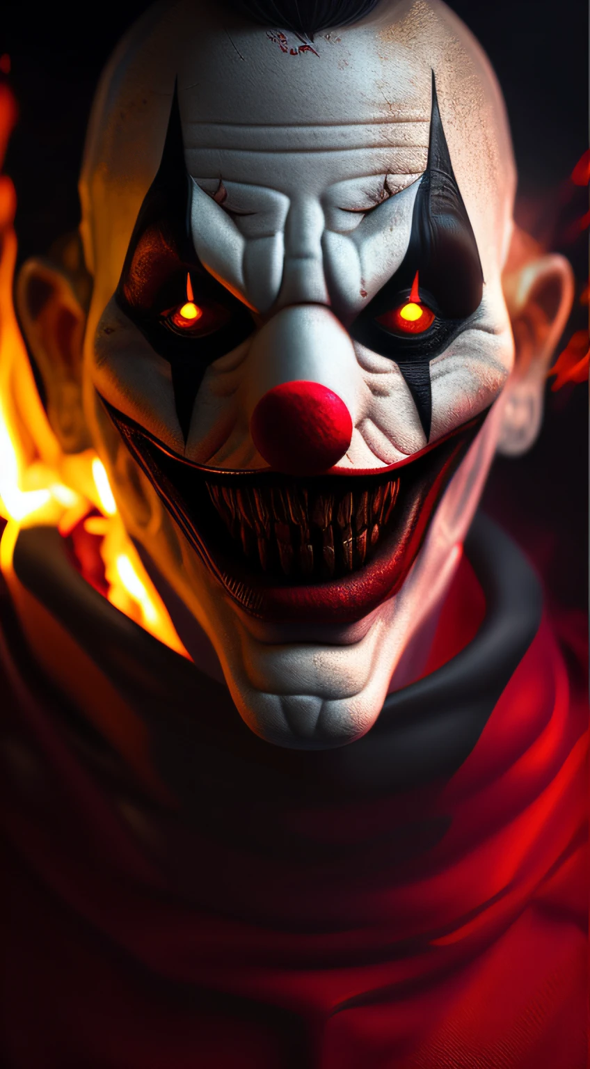 creepy photo of a clown in the middle surrounded by zombies, scary atmosphere. dark night time photography style with flash and lights on at an old house fire is burning down everywhere all around them cinematic lighting 8k hyper realistic detailed masterpiece painting render highly symmetrical intricate octane unreal engine redshift hd artstation deviantart close up portrait behance cgsociety concept volumetric light