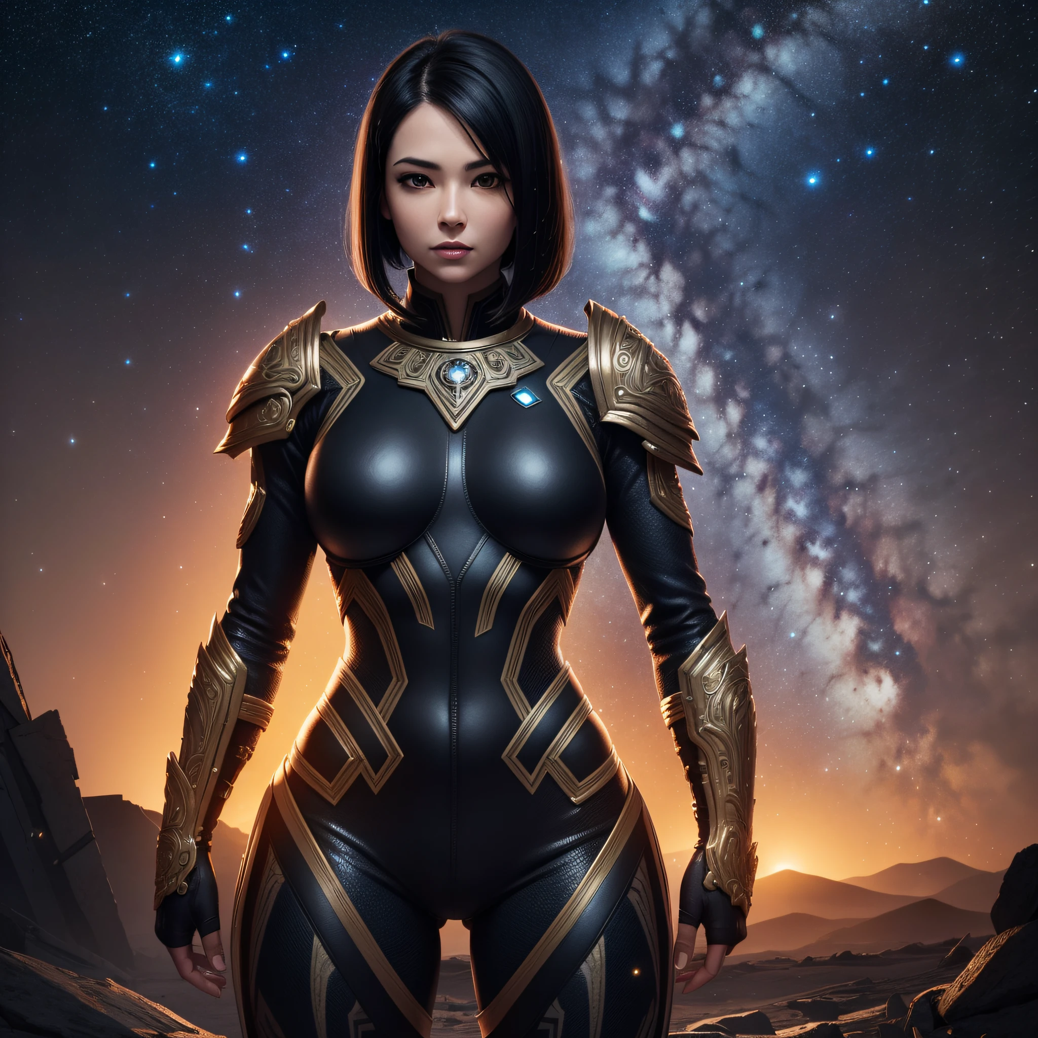 half body image of a Beautiful milf, small breasts, short flowing black hair, wearing an intricately detailed barbarian suit, dystopian planet, starry sky, milky way galaxy, dynamic lights, action pose, 8k, highres