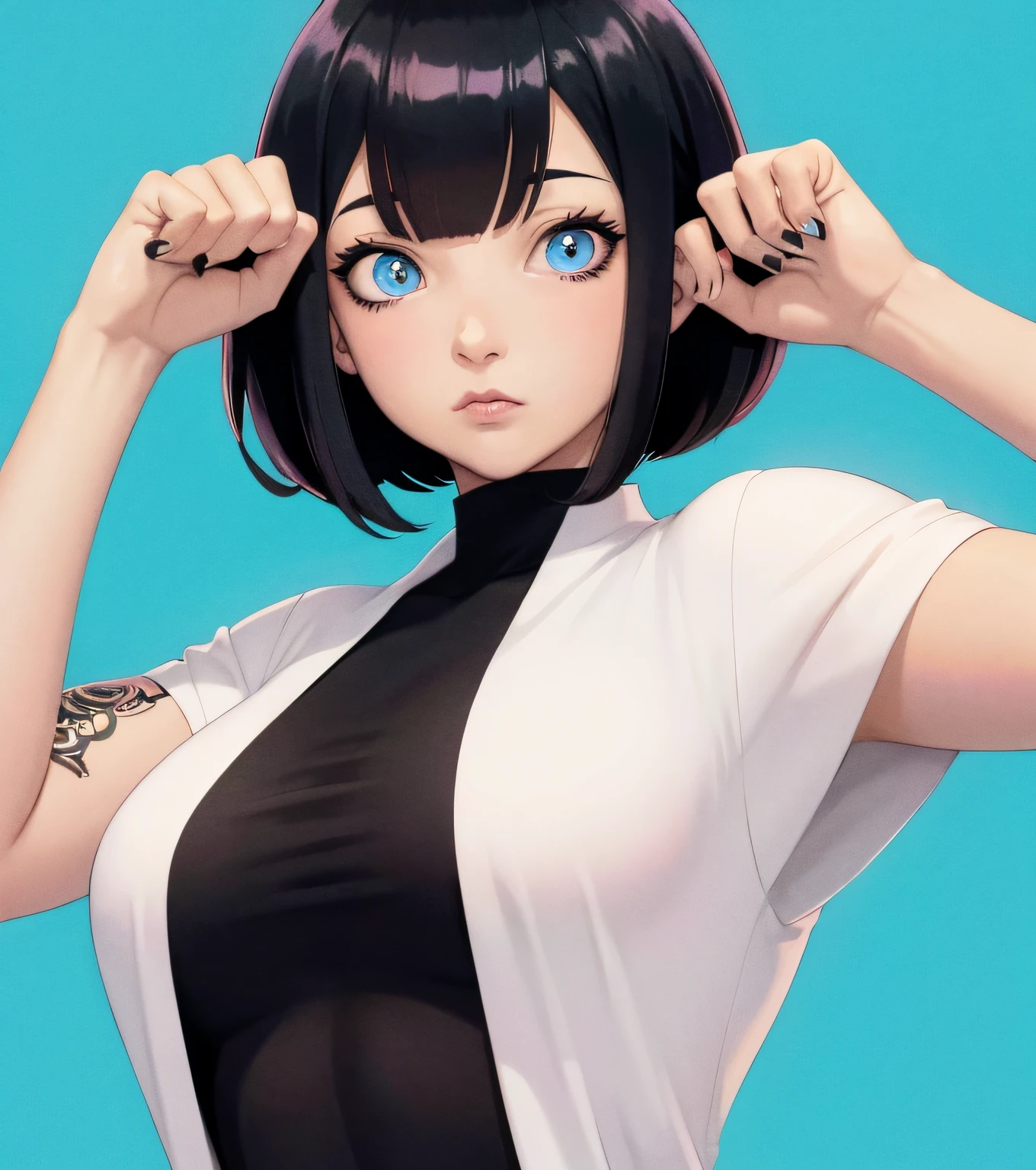 1girl, short black hair, blue eyes, Anime girl with tattoos posing in a black outfit, digital anime art, anime girl, female anime girl, anime art, muscular!, big oppai, Ilya Kuvshinov, badass anime 8k, anime art,