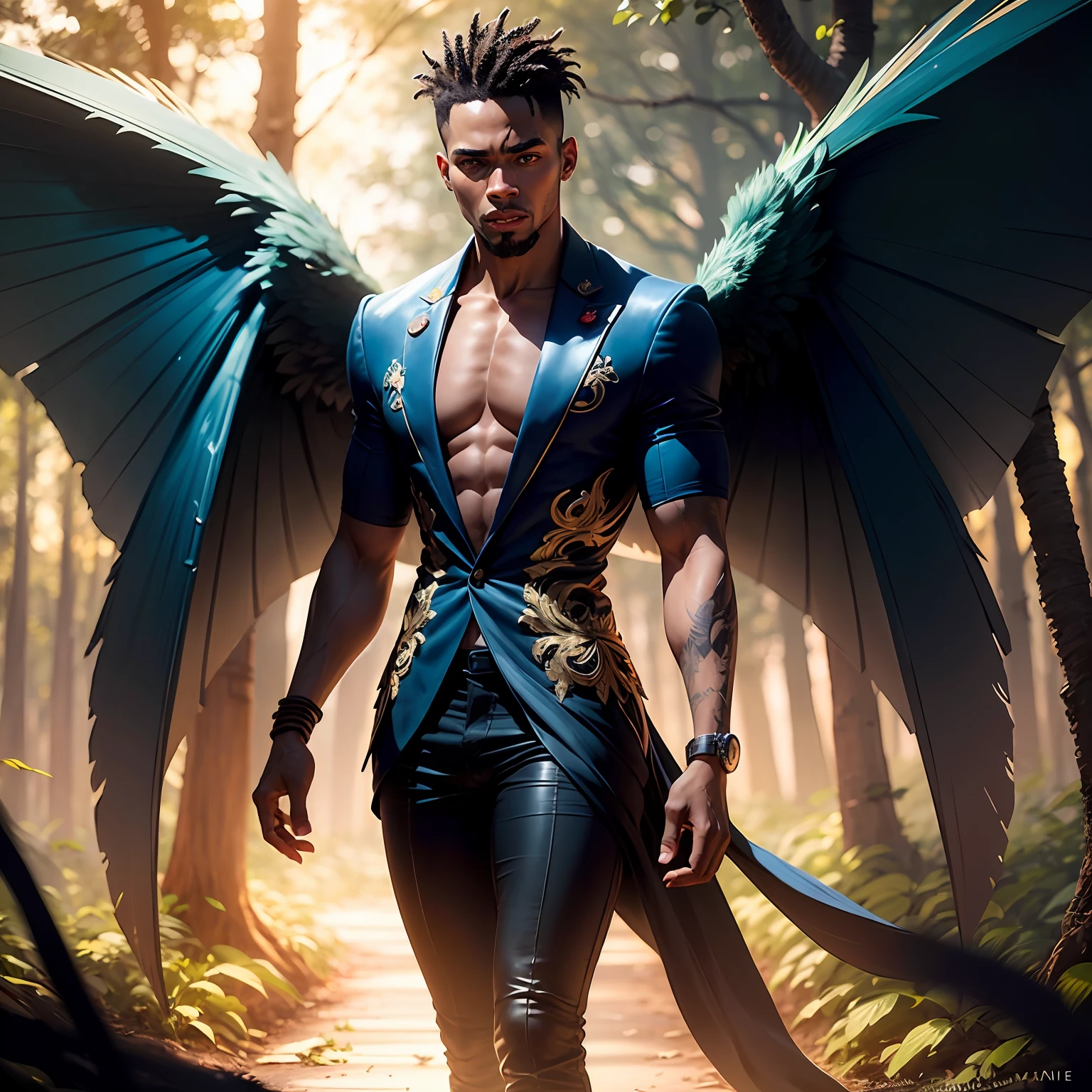 Black Fairy Beautiful Male Black Man with Blue and Orange Details, Large Wings, Forest in the Background, Vibrant Colors, Full Body, Detailed Face, Detailed Hands, Detailed Legs, Detailed Fingers, Detailed Hair, Detailed Eyes, Detailed Skin, Lush Vegetation Blurred Background, Vibrant Colors, Lush Light, Soft Light, Sunset Light, Smooth Light, Symmetrical, Full Body, Reflections, HDR Dynamic Lighting, 8K Resolution,  cinematic film, smooth, sharp focus, realistic, strobe light beams, ((blurred background)):1.7, (((depth of field)) ):1.8, cinestill 800t 35mm, high quality, heavy grain, high detail, cinematic composition, dramatic light, anamorphic, ultra wide lens, hyperrealistic --auto