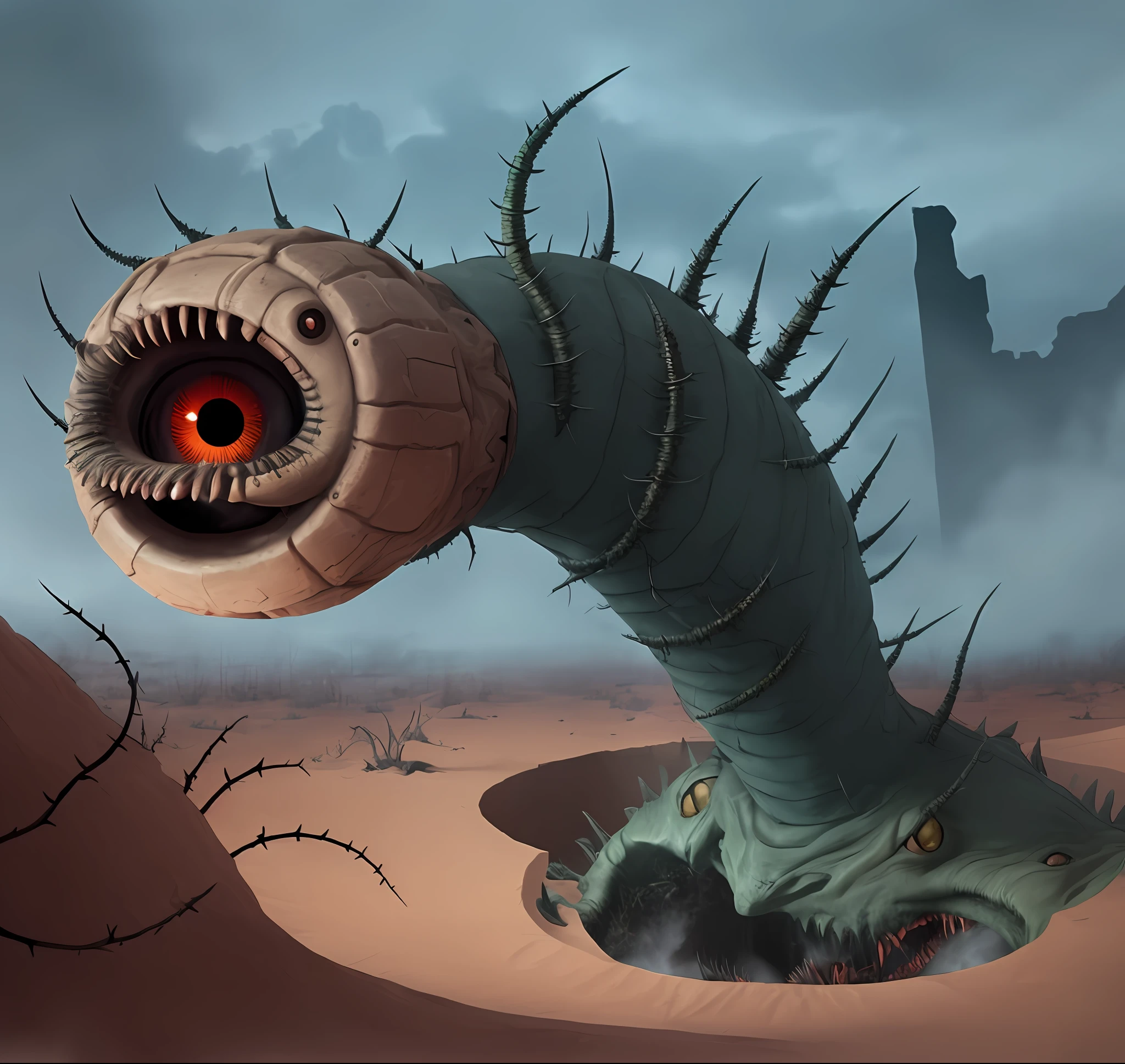 green worm with several teeth and one eye his mouth, sand worm, worm monster, tubular creature, underground monster, great quality, underground monster like an earthworm, several teeth around his eye inside his mouth, super scary monster as of terror, thorns on his back to the end of his body, scary mouth,  dark background with mist, scary, deep with desert at night, deadly atmosphere, monster coming out of a hole in the ground, monster of terror, scary, causes fear, worm monster realistic, ultra realistic, super detailed,