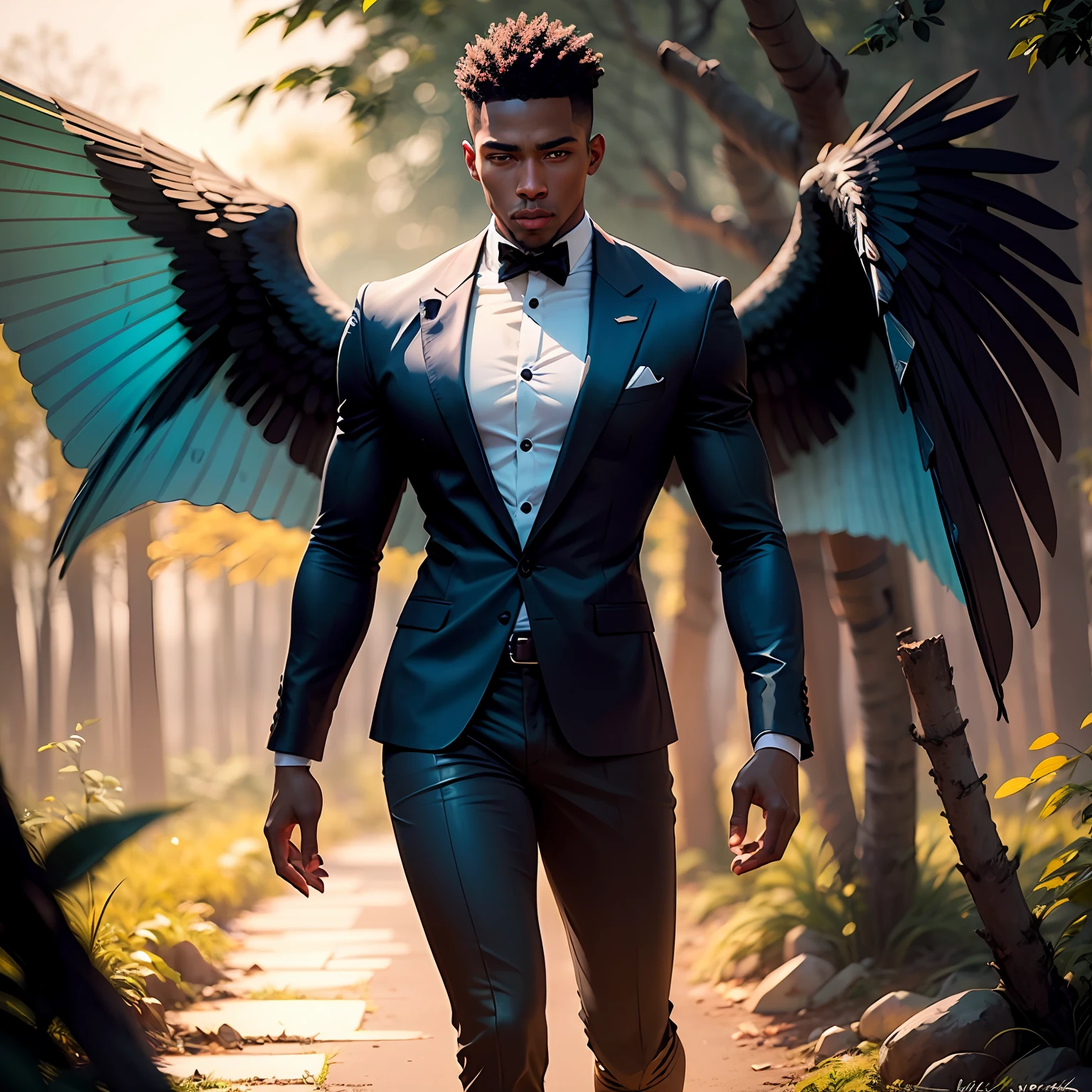 Black Fairy Beautiful Male Black Man with Blue and Orange Details, Large Wings, Forest in the Background, Vibrant Colors, Full Body, Detailed Face, Detailed Hands, Detailed Legs, Detailed Fingers, Detailed Hair, Detailed Eyes, Detailed Skin, Lush Vegetation Blurred Background, Vibrant Colors, Lush Light, Soft Light, Sunset Light, Smooth Light, Symmetrical, Full Body, Reflections, HDR Dynamic Lighting, 8K Resolution, cinematic film, smooth, sharp focus, realistic, strobe light beams, ((blurred background)):1.7, (((depth of field)) ):1.8, cinestill 800t 35mm, high quality, heavy grain, high detail, cinematic composition, dramatic light, anamorphic, ultra wide lens, hyperrealistic --auto