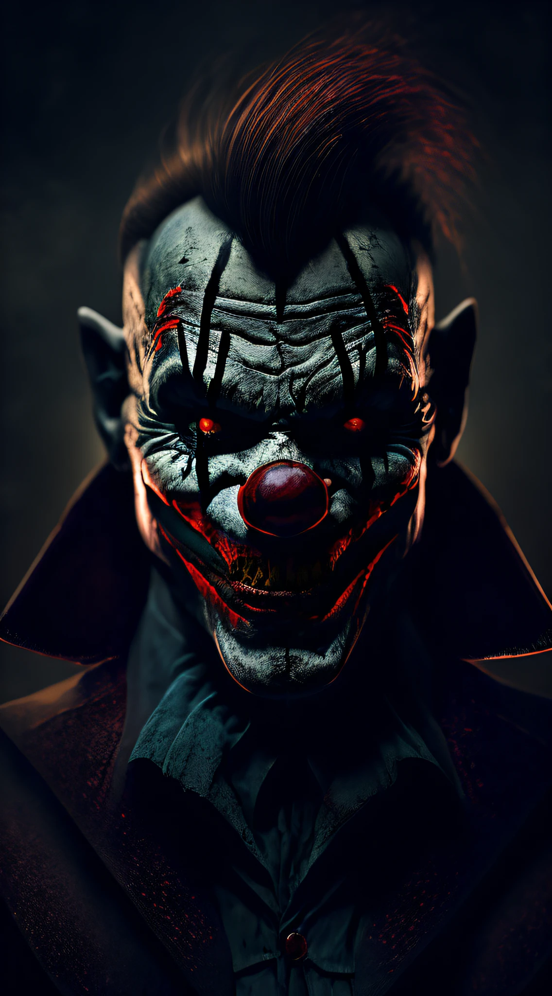 horror, creepy clown, sharp teeth, spooky, evil, blood, dark, moody, cinematic, portrait, half face