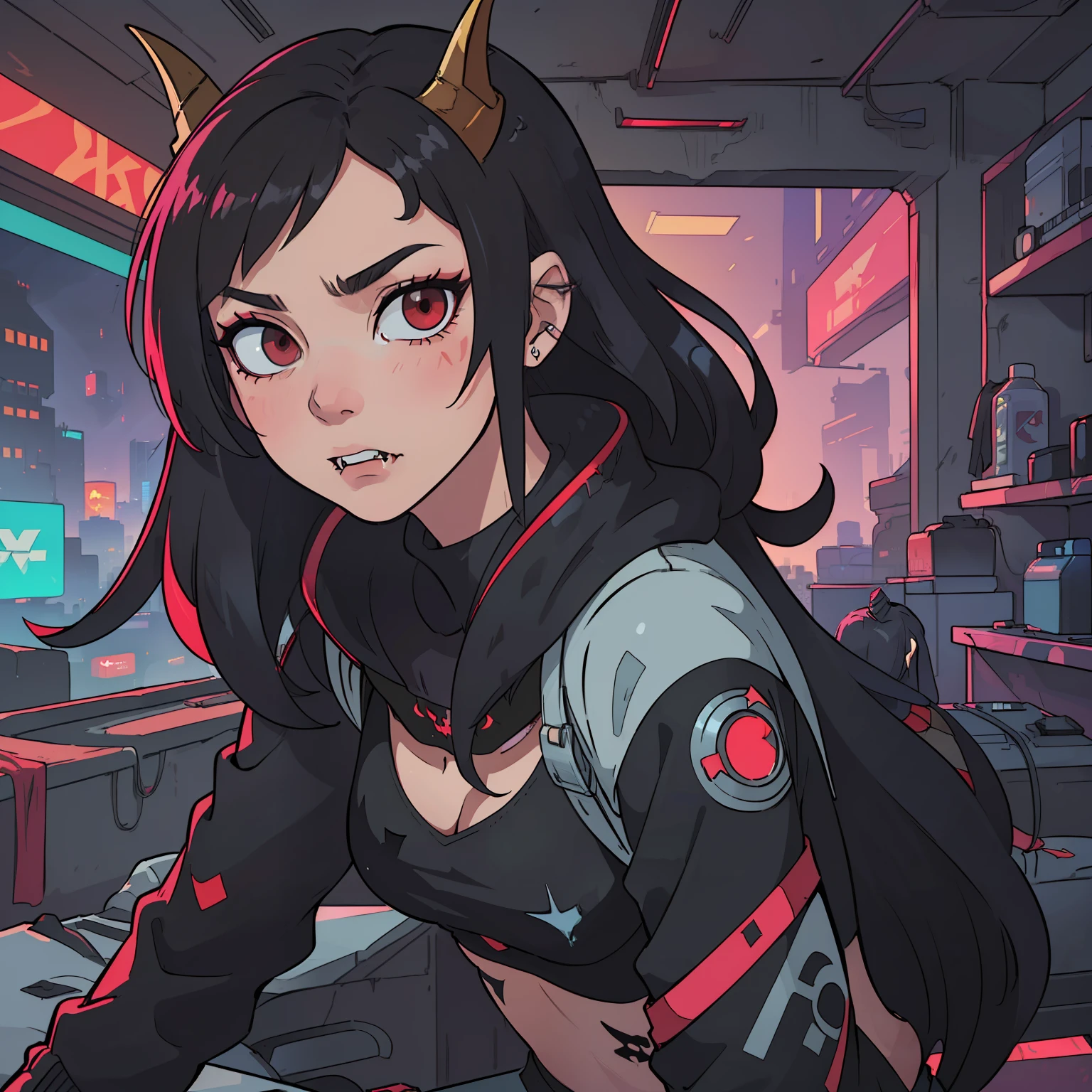 ((masterpiece)), ((best quality)), (((ultra high resolution)), a woman, with two metallic horns, long black hair, vampire fangs, red eyes, alone, serious, cyberpunk clothes 2077, inside a cyberpunk house 2077, very detailed background, detailed skin, detailed face, beautiful, messy, dynamic poses, hacker, hologram, futuristic clothes