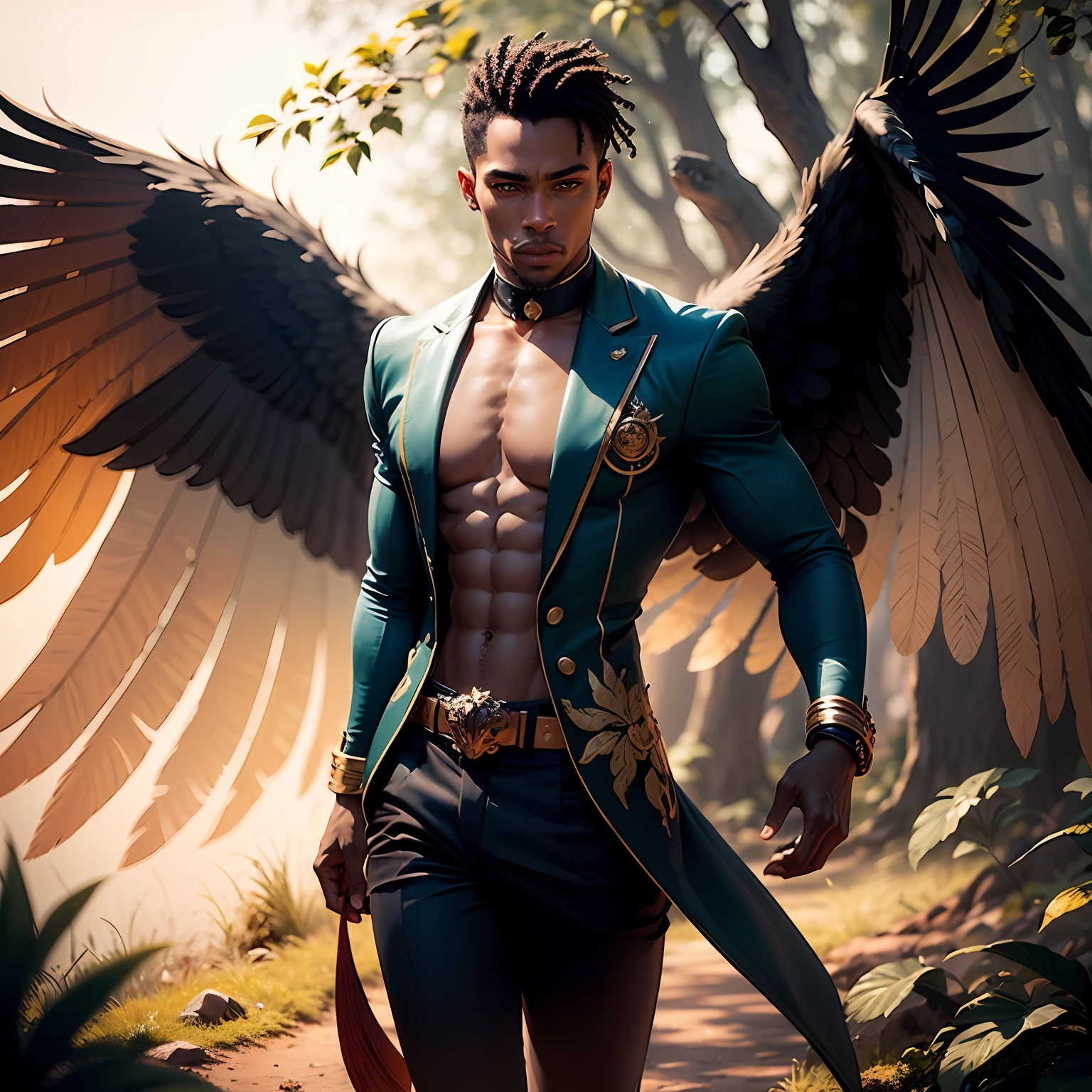 Black Fairy Beautiful Male Black Man with Blue and Orange Details, Large Wings, Forest in the Background, Vibrant Colors, Full Body, Detailed Face, Detailed Hands, Detailed Legs, Detailed Fingers, Detailed Hair, Detailed Eyes, Detailed Skin, Lush Vegetation Blurred Background, Vibrant Colors, Lush Light, Soft Light, Sunset Light, Smooth Light, Symmetrical, Full Body, Reflections, HDR Dynamic Lighting, 8K Resolution,  cinematic film, smooth, sharp focus, realistic, strobe light beams, ((blurred background)):1.7, (((depth of field)) ):1.8, cinestill 800t 35mm, high quality, heavy grain, high detail, cinematic composition, dramatic light, anamorphic, ultra wide lens, hyperrealistic --auto