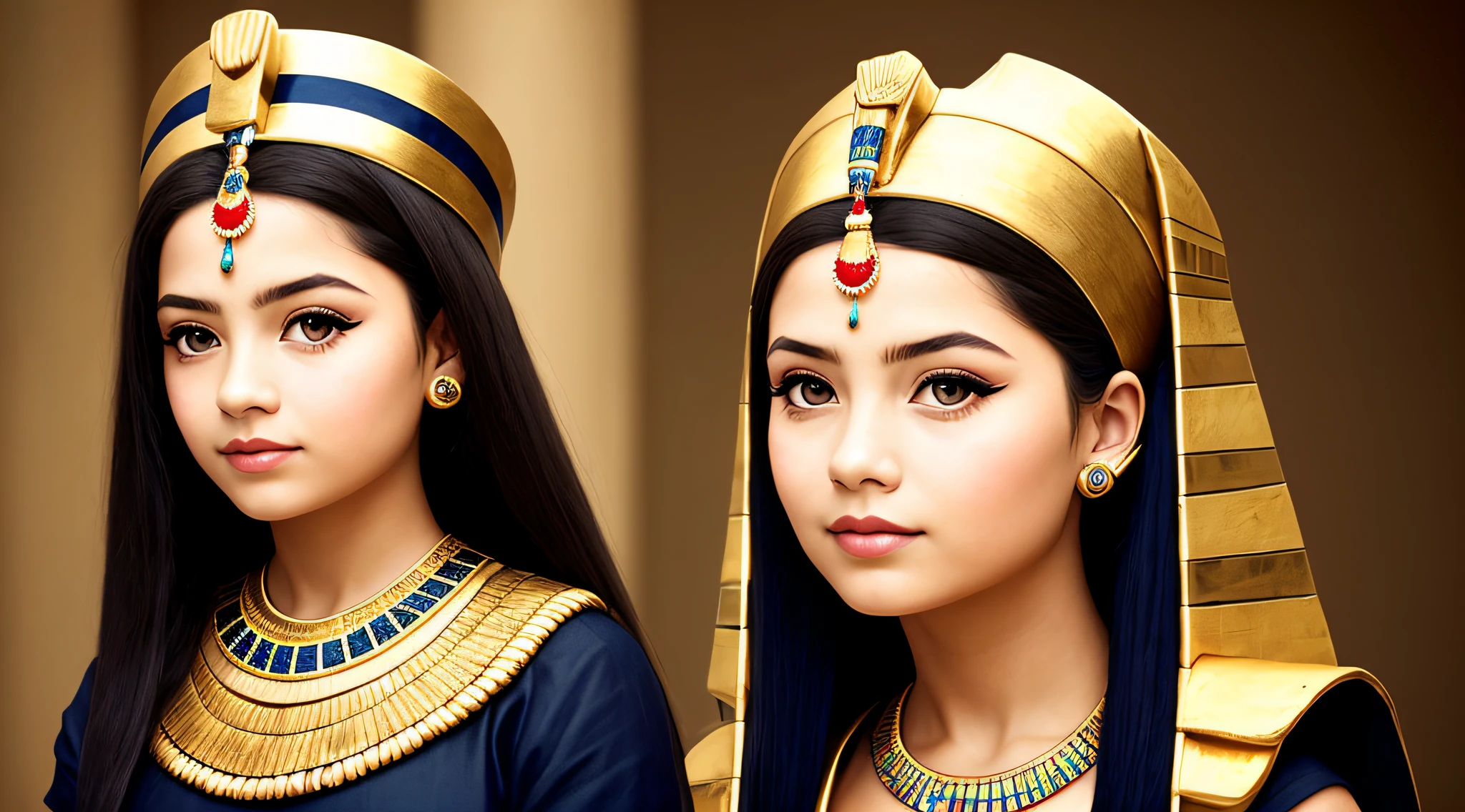 GIRL CHILD BLONDE WITH LONG HAIR, A PORTRAIT, of a bust of a CHILD wearing a hat, wearing an egyptian crown, Nefertiti, ancient egyptian, egyptian, egyptian makeup, precise for egyptian tradition, egyptian art, makeup of egypt, beautiful and huge head ornaments, ancient egyptian art, ancient egyptian art, ancient egypt, beautiful cleopatra, egyptian princess, Ancient Princess Libu