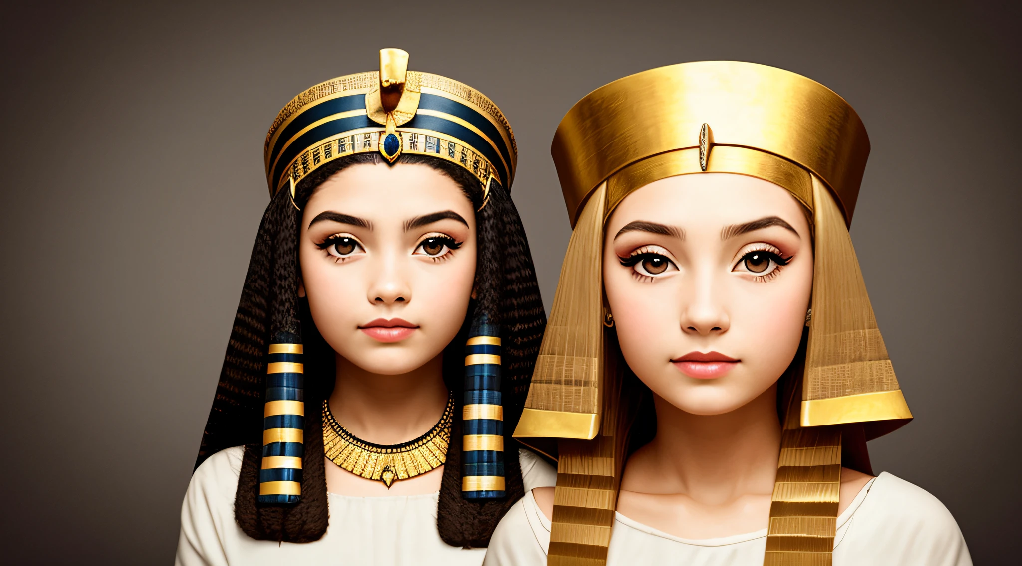 GIRL CHILD BLONDE WITH LONG HAIR, A PORTRAIT, of a bust of a mENINA CHILD wearing a hat, wearing an egyptian crown, Nefertiti, ancient egyptian, egyptian, egyptian makeup, precise for egyptian tradition, egyptian art, makeup of egypt, beautiful and huge head ornaments, ancient egyptian art, ancient egyptian art, ancient egypt, beautiful cleopatra, egyptian princess,  Ancient Princess Libu