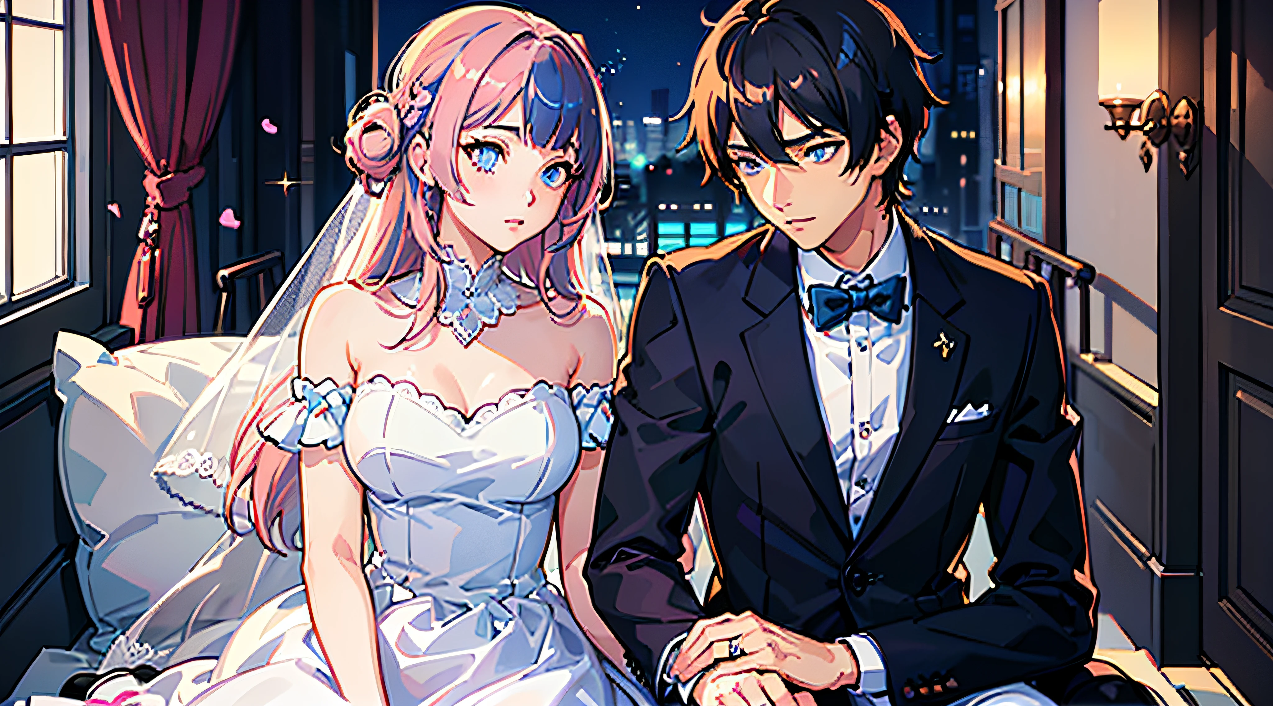 (woman with pink hair, sparkling light blue eyes)+(man with black hair and shimmering dark blue eyes)+(anime style Ilya Kuvshinov:1.2)+(couple on wedding night)+(high quality full body image)