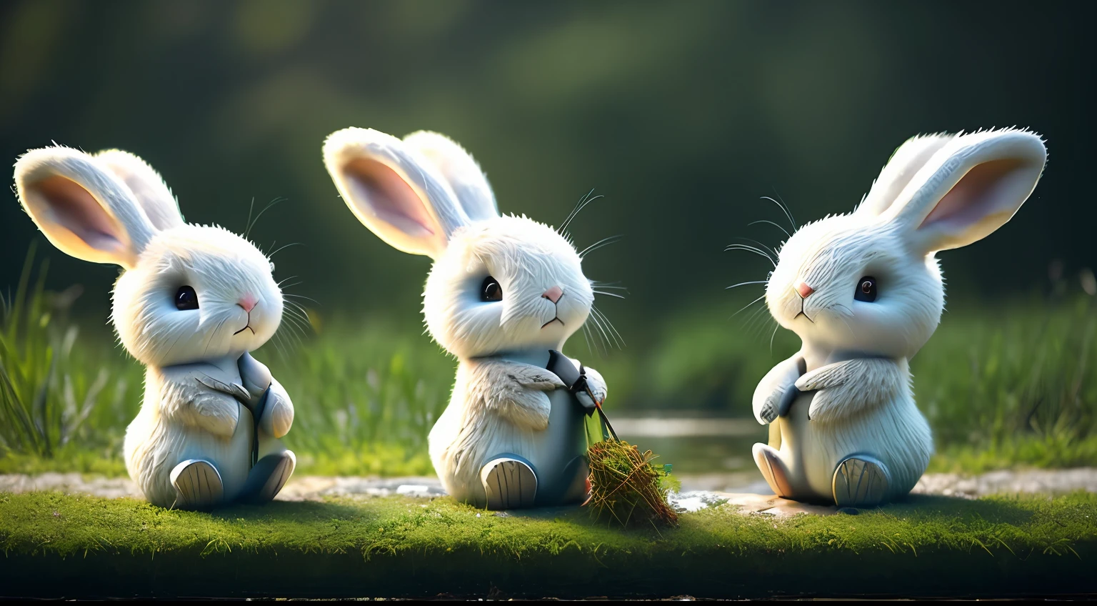 the two bunnies holding a wood on the riverbank, to try to cross the river in the forest, nature, no_humans, depth of field, to8contrast style, DARK_Glam, wearing DRK_Glam, deep shadows, (dark: 1.4), (8k, RAW photo, best quality, masterpiece: 1.2)