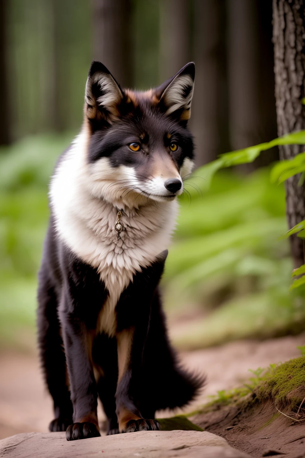 "In the dim light of night, under the soft glow of the moon, a black fox with lush fur leaps with agility through the forest. His fur is as dark as midnight, absorbing the light around him. Each movement is fluid and elegant, its delicate paws touching the ground lightly. His eyes sparkle with an intense golden hue, reflecting the cunning and curiosity that fill his essence. The black fox possesses a mysterious and captivating aura, inviting everyone to be enchanted by its presence. Its fuzzy tail swings in the air, balancing it perfectly as it leaps from one tree to another, navigating the canopies deftly. The black fox is a symbol of mystery and wisdom, a creature that seems to belong to both the earthly and magical realms. His bright eyes reveal an ancestral knowledge, as if he kept ancient secrets of the forest. She is a vision of pure elegance and wild beauty, leaving a trail of enchantment wherever she goes."
