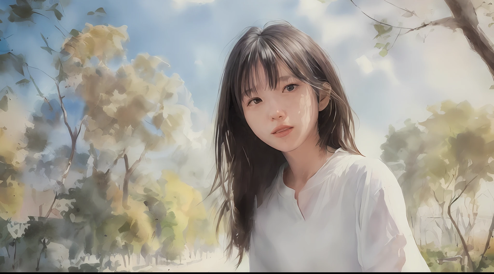 (Masterpiece, Real: 1.4), (Very Complex: 1.2), Portrait, (Upper Body: 1.2), (From the front: 1.3), Cool summery outfit in a bukabuka T-shirt, Very long smooth black hair, chest, sky, feeling like whispering good morning to the viewer with a good morning, Japan about 29 years old, head tilt, wind, clouds, outdoor, rain, 1 girl, solo, ultra high definition, 8K UHD, Film grain, perfect anatomy, exquisitely detailed skin, best shadow, delicate, RAW, high resolution, clean line