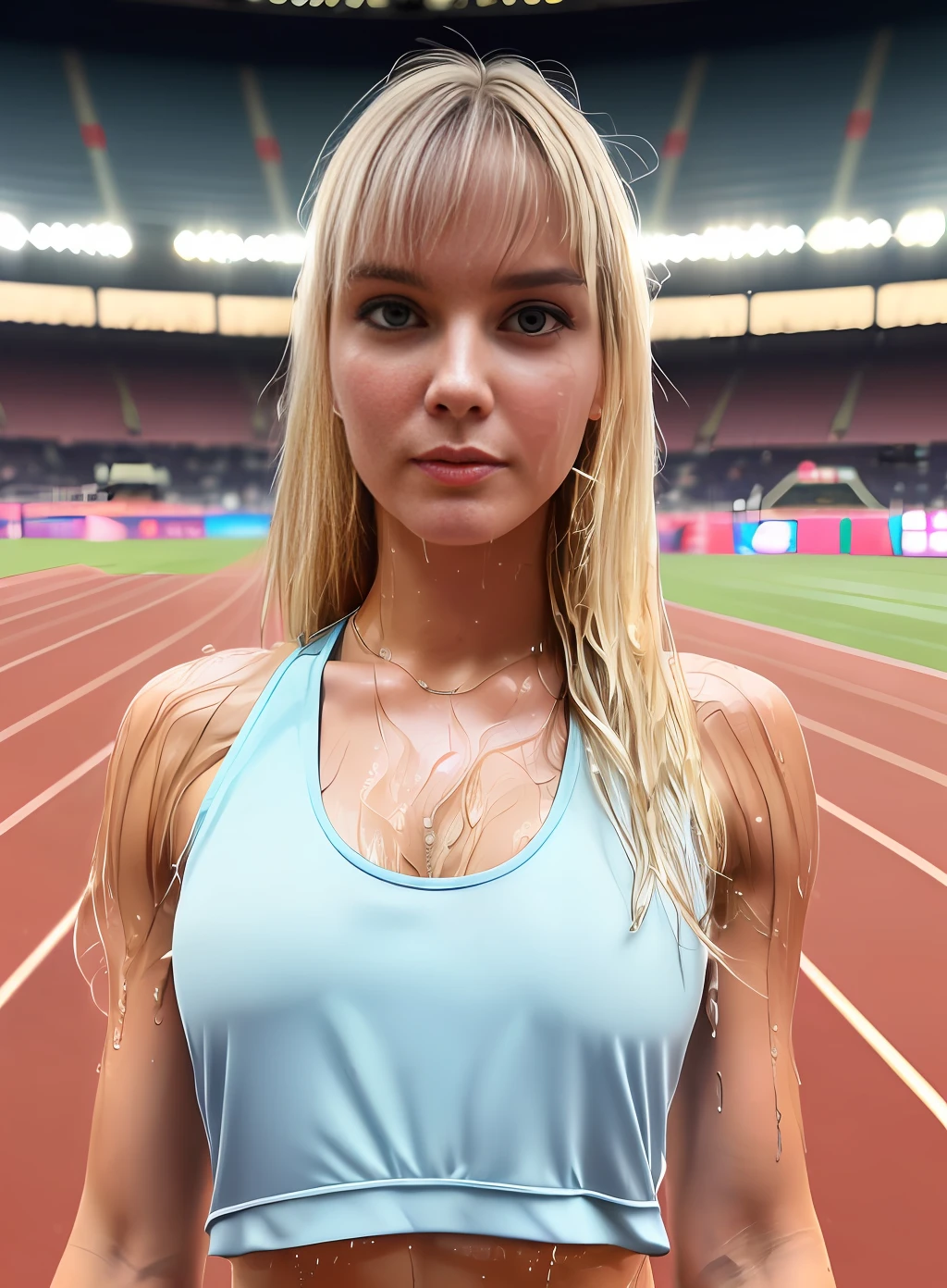 1 woman, 8k, RAW photo, (superior quality, masterpiece, intricate detail: 1.4), (realistic, photorealistic: 1.3), (realistic: 1.3), photorealistic, female BLONDE athlete from Germany, (rainy weather)), ((woman standing on the track in the stadium: 1.8)), (beauty like an actress in Germany,), (intense sun), (((thin tank top of the athletics and field team)) , (tank top of the light colored athletic team), (sweat-soaked tank top with transparent skin), sweat-soaked athletic team tank top, wet flower, (wet hair), (wet bangs), wet skin, (transparent nipple bumps), (detailed nipple), 28 years old, (small face: 1.5), (sexy expression), light makeup, thin eyebrows, detailed and beautiful face, detailed eyes, (tear bags: 1.5), detailed fingers, detailed legs, detailed skin with tattoos, BIG breasts, shiny hair, shiny skin, sweaty and dripping hair, wet and dripping skin, wet and dripping tank top, (no bra), (no underwear)