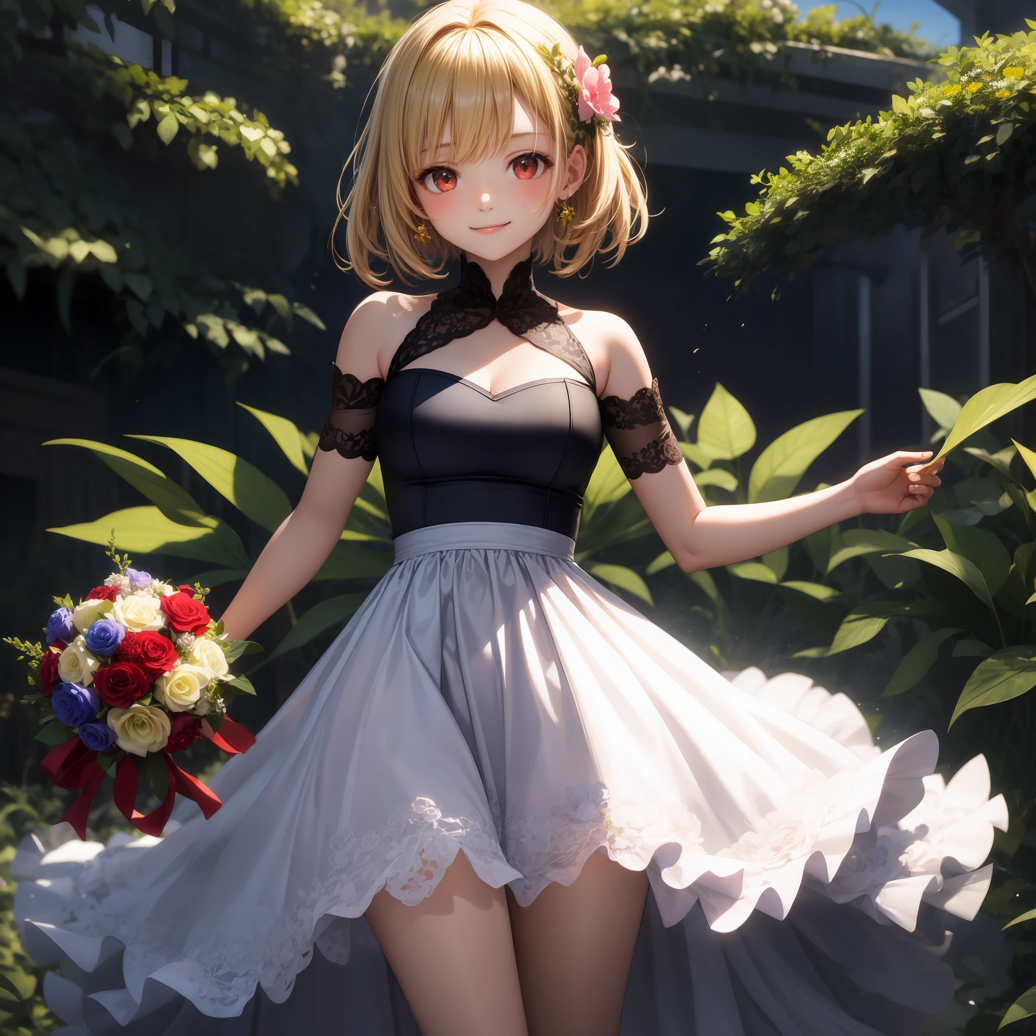 blonde, red eyes, girl, alone, solo, 1girl, flower garden, bouquet, dress, smile