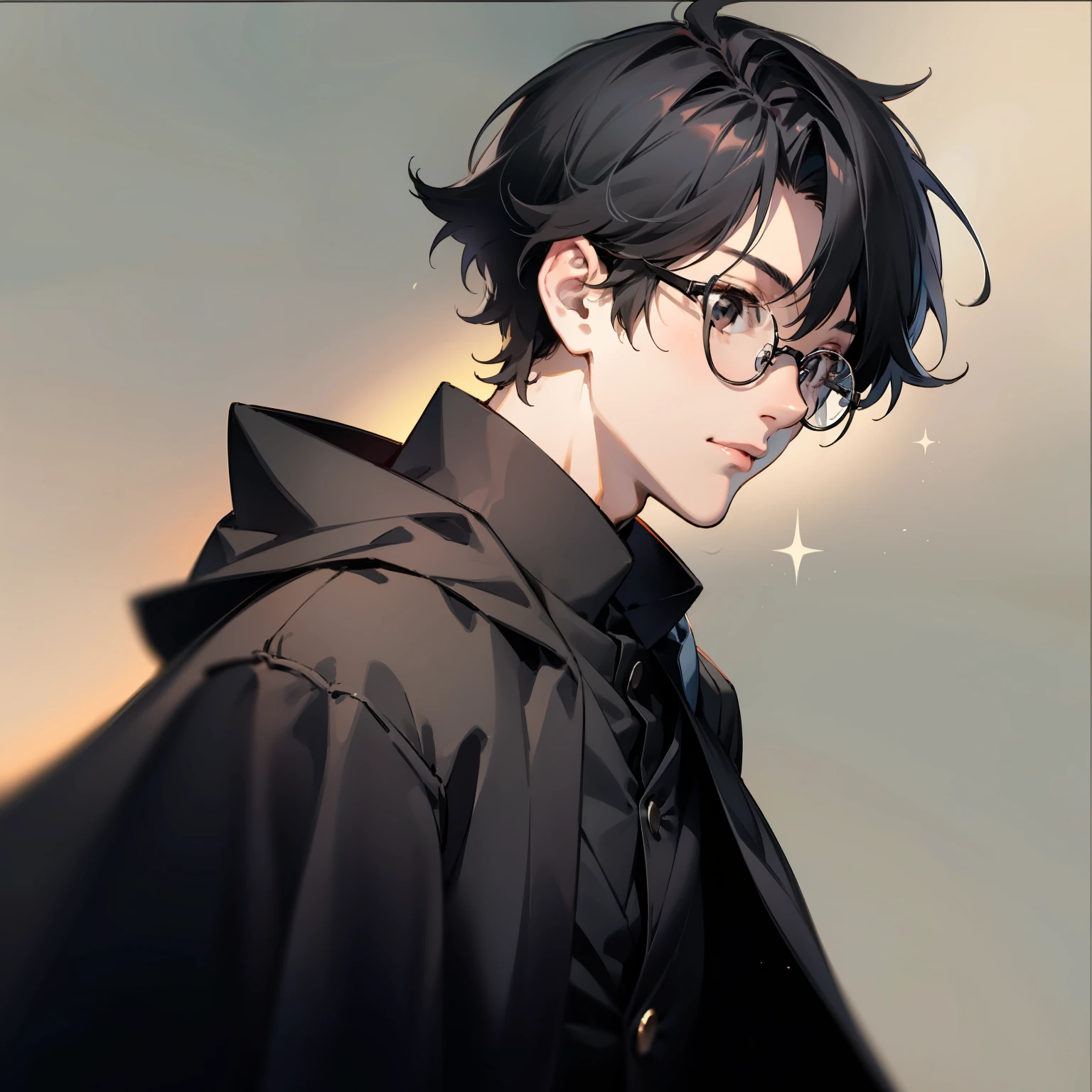 A japanese man with short, black hair. He has dark eyes, and wears a black cloak with a white-button up shirt underneath. He has black-framed glasses. Has rosy cheeks