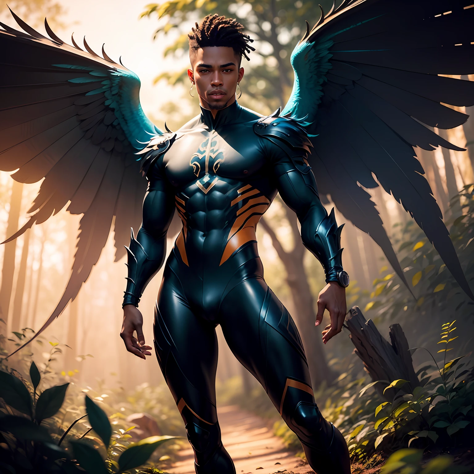 Black Fairy Beautiful Male Black Man with Blue and Orange Details, Large Wings, Forest in the Background, Vibrant Colors, Full Body, Detailed Face, Detailed Hands, Detailed Legs, Detailed Fingers, Detailed Hair, Detailed Eyes, Detailed Skin, Lush Vegetation Blurred Background, Vibrant Colors, Lush Light, Soft Light, Sunset Light, Smooth Light, Symmetrical, Full Body, Reflections, HDR Dynamic Lighting, 8K Resolution, cinematic film, smooth, sharp focus, realistic, strobe light beams, ((blurred background)):1.7, (((depth of field)) ):1.8, cinestill 800t 35mm, high quality, heavy grain, high detail, cinematic composition, dramatic light, anamorphic, ultra wide lens, hyperrealistic --auto