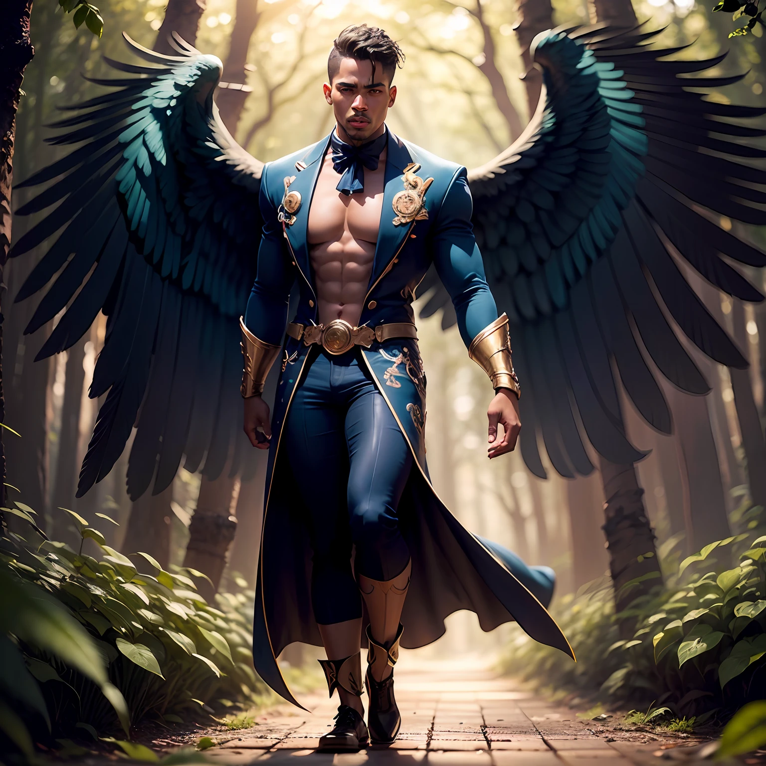Black Fairy Beautiful Male Black Man with Blue and Orange Details, Large Wings, Forest in the Background, Vibrant Colors, Full Body, Detailed Face, Detailed Hands, Detailed Legs, Detailed Fingers, Detailed Hair, Detailed Eyes, Detailed Skin, Lush Vegetation Blurred Background, Vibrant Colors, Lush Light, Soft Light, Sunset Light, Smooth Light, Symmetrical, Full Body, Reflections, HDR Dynamic Lighting, 8K Resolution,  cinematic film, smooth, sharp focus, realistic, strobe light beams, ((blurred background)):1.7, (((depth of field)) ):1.8, cinestill 800t 35mm, high quality, heavy grain, high detail, cinematic composition, dramatic light, anamorphic, ultra wide lens, hyperrealistic --auto