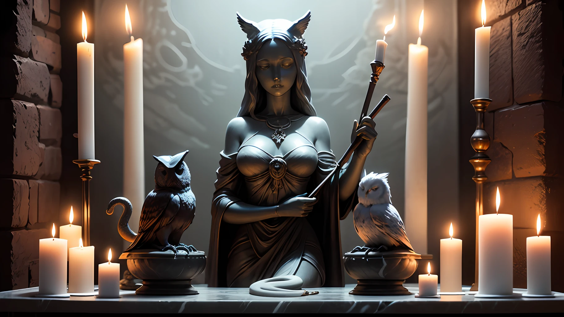 a marble lilith statue on a dark gothic gloomy altar with candles, incense sticks, cauldron, statue of owls and snakes --auto
