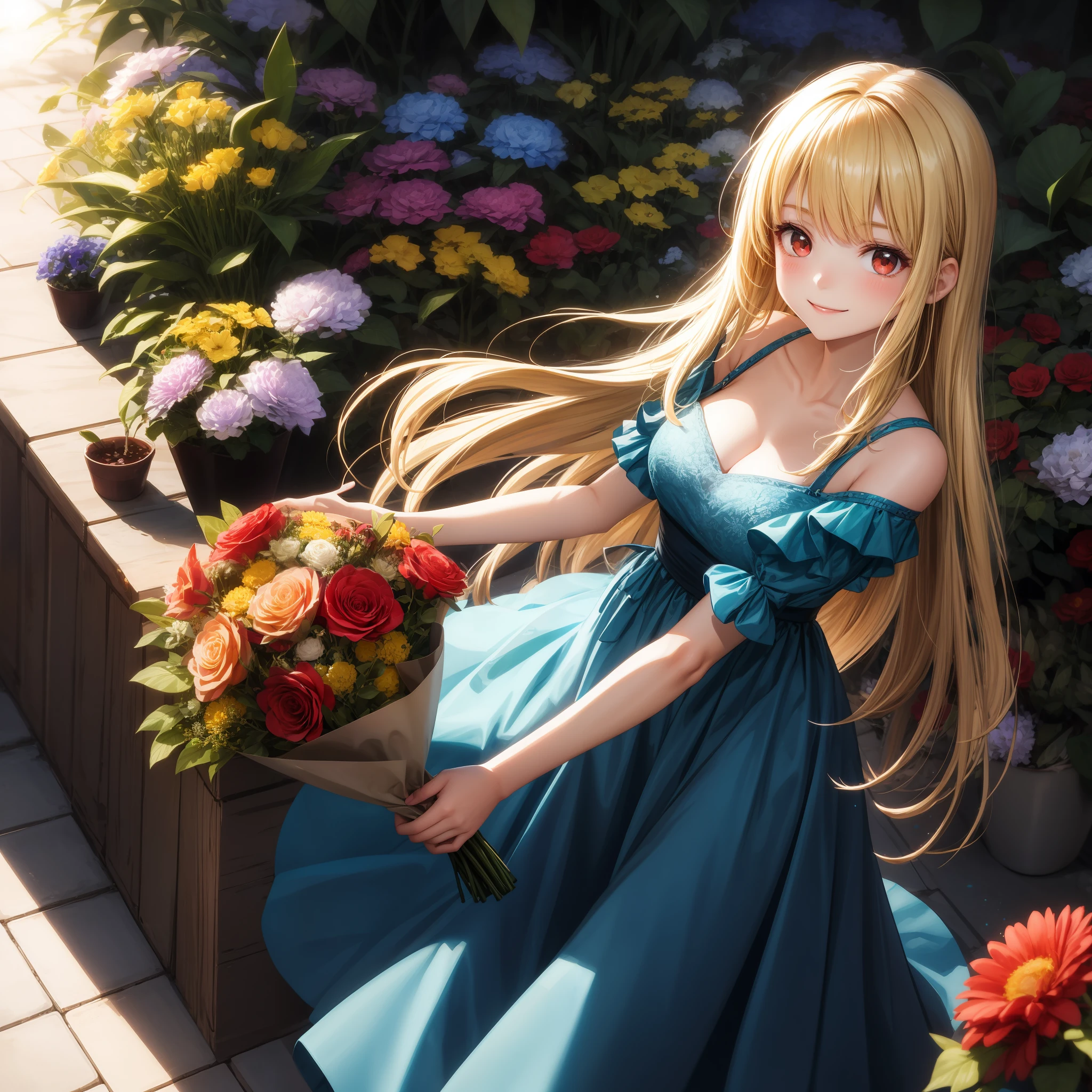 blonde, red eyes, girl, alone, solo, 1girl, sky blue dress, bouquet, sun, sunlight, smile, flower garden