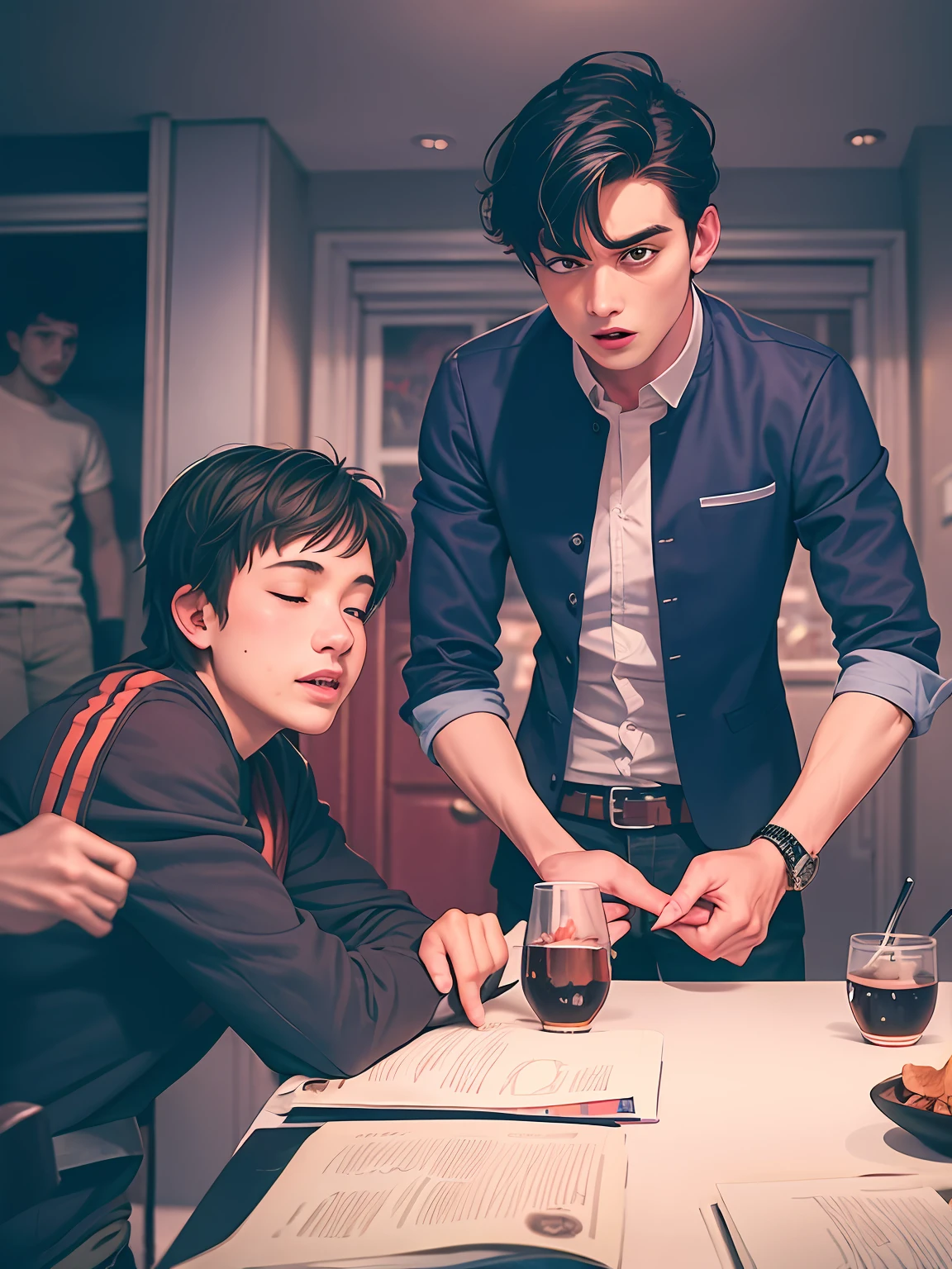 depict the scene of depressed young men drinking in a basement of a mansion rich in a dark cartoonish feeling
