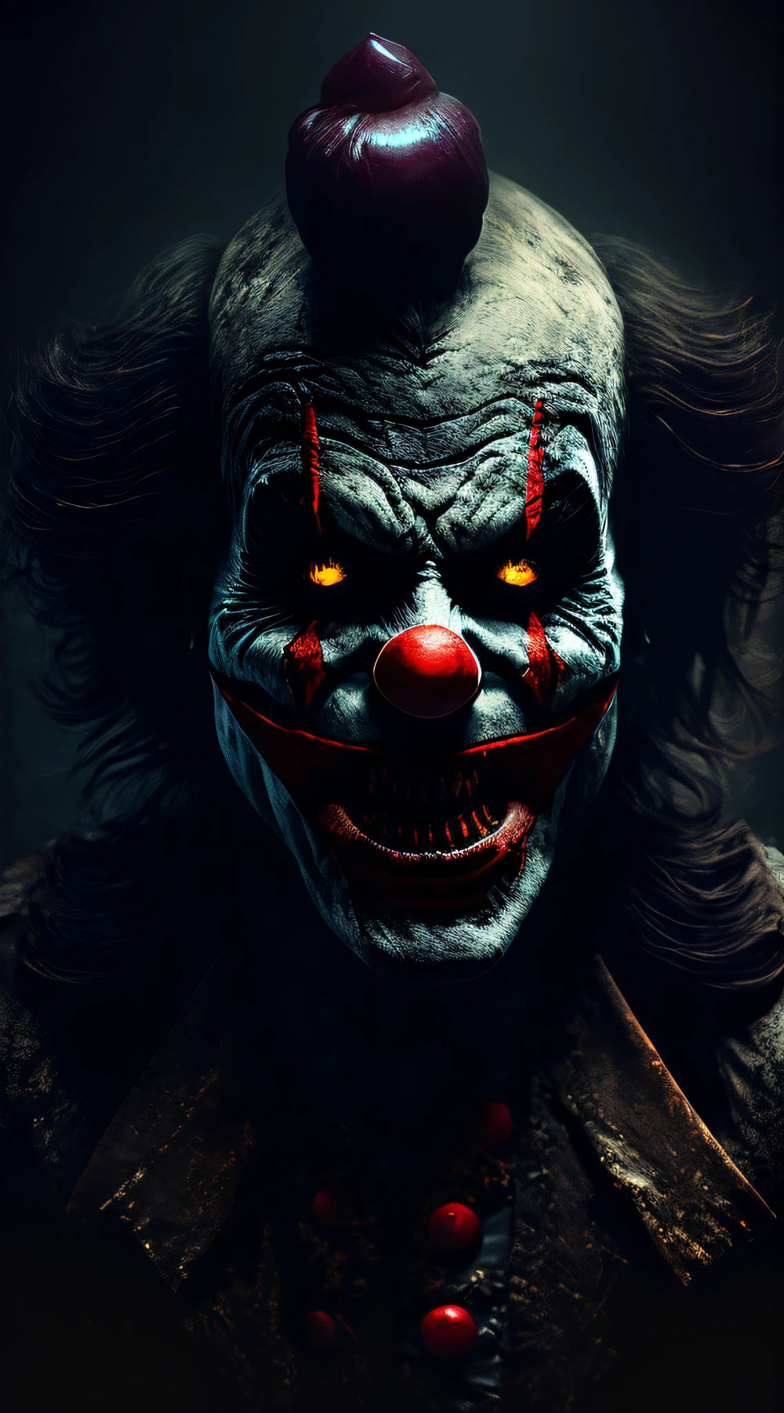 horror, creepy clown, sharp teeth, spooky, evil, blood, dark, moody, cinematic, portrait, half face