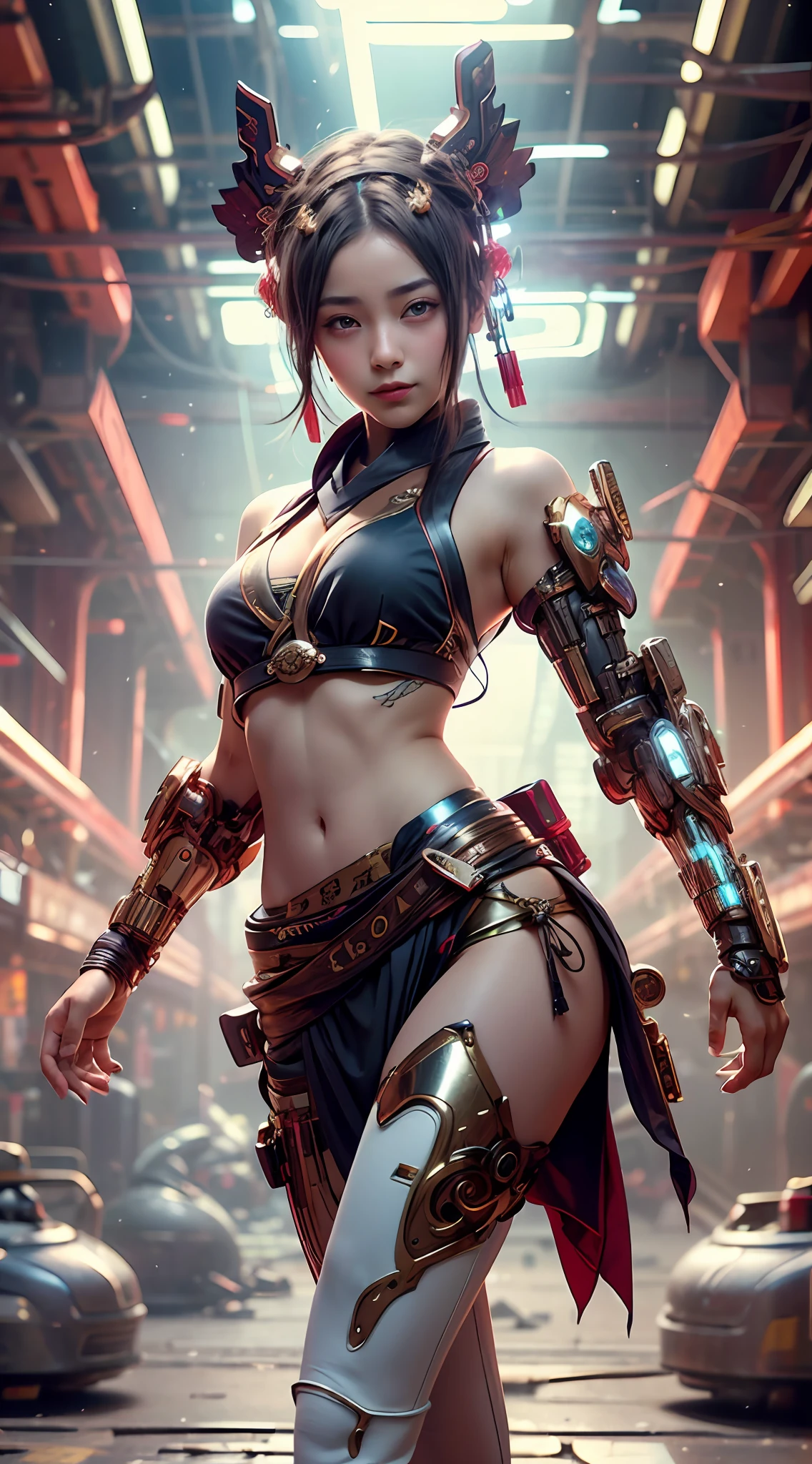 cyborg, android, girl, beautiful girl, cute, sexy, strong, slender, delicate, smile, bikini, high leg, loincloth, metallic, richly colored, arabesque pattern, headgear, oiran , near future, cyber