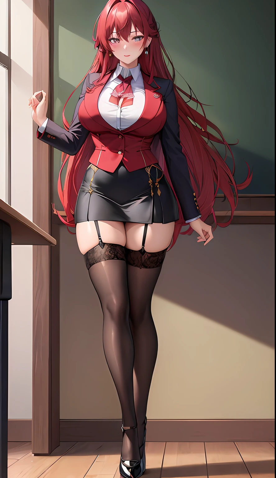 (Masterpiece, Best Quality, High Quality:1.4), professional artwork, Intricate Details, field of view, sharp focus, detailed painting, masterpiece, cinematic lighting, trending on pixiv, (vivid lighting, vibrant colors, by by Nagasawa Rosetsu:1.05),
Hiroko Takashiro, (mature female, milf:1.1), solo, (curvy:1.1), standing near chalkboard, holding chalk, classroom, (full body shot:1.1),
(red hair:1.05), long hair, lipstick, makeup, ultra detail hair, ultra detail face, (purple eyes:1.05), perfect eyes, perfect face, earrings, (confused, blush:1.2),
shirt, jacket, (black thighhighs, garter belt:1.1), zettai ryouiki, pencil skirt, school uniform, highheels,
(Large Breasts:1.1), Cleavage, big ass, thighs,